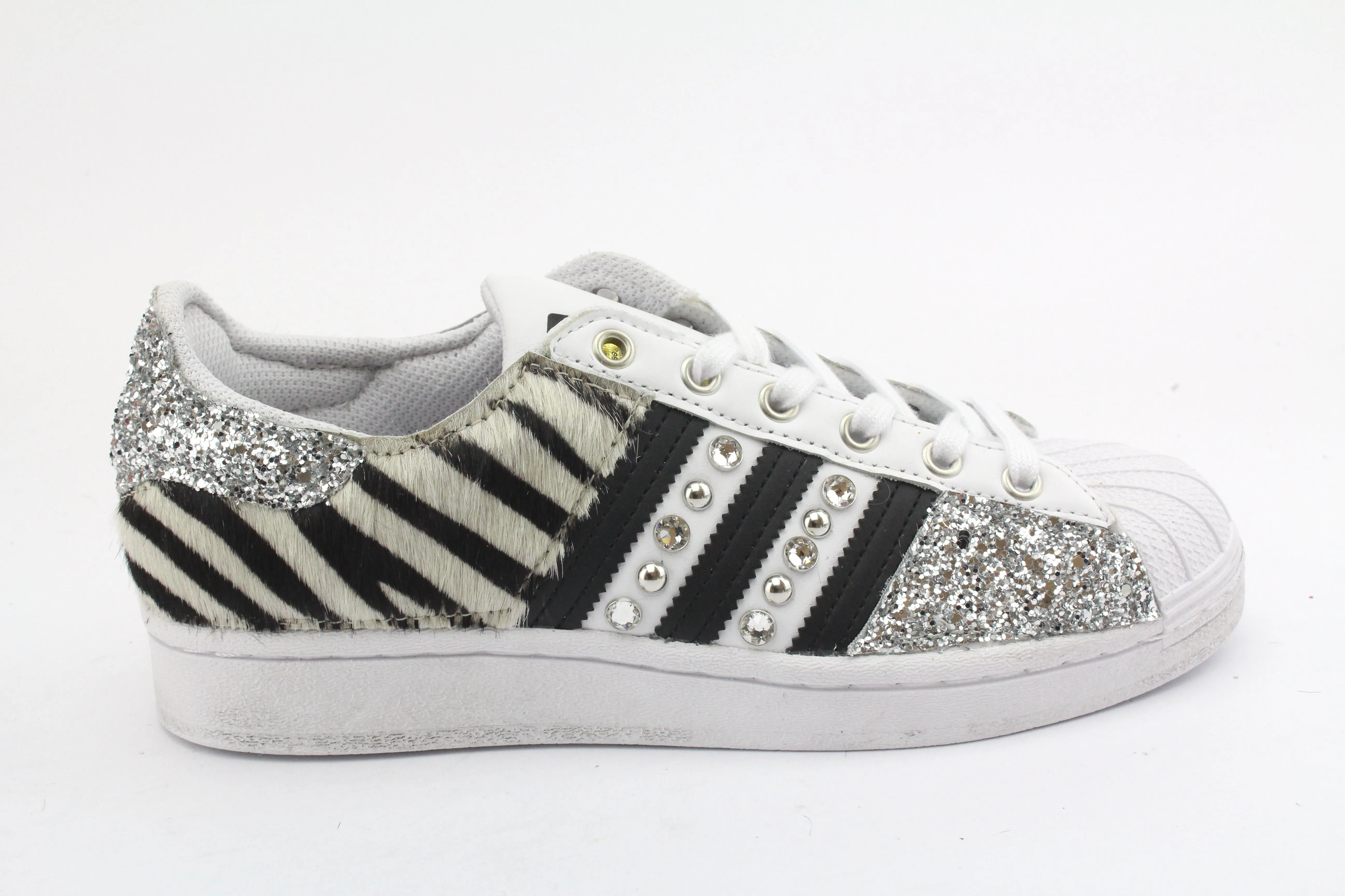 Adidas Superstar Zebrate Glitter Silver & Borchie Strass Style Basic