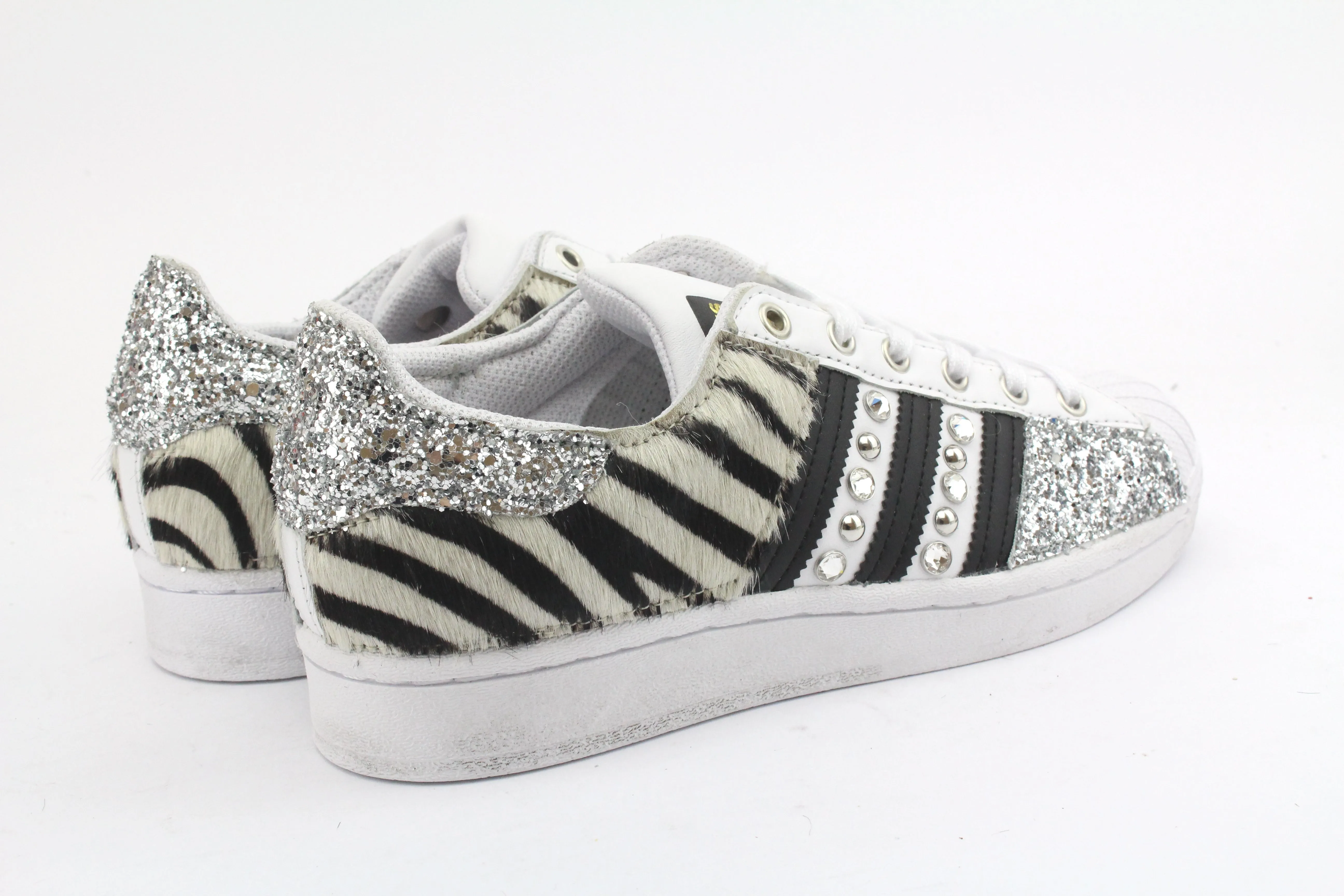 Ventilated Mesh Senior Wear Adidas Superstar Zebrate Glitter Silver & Borchie Strass