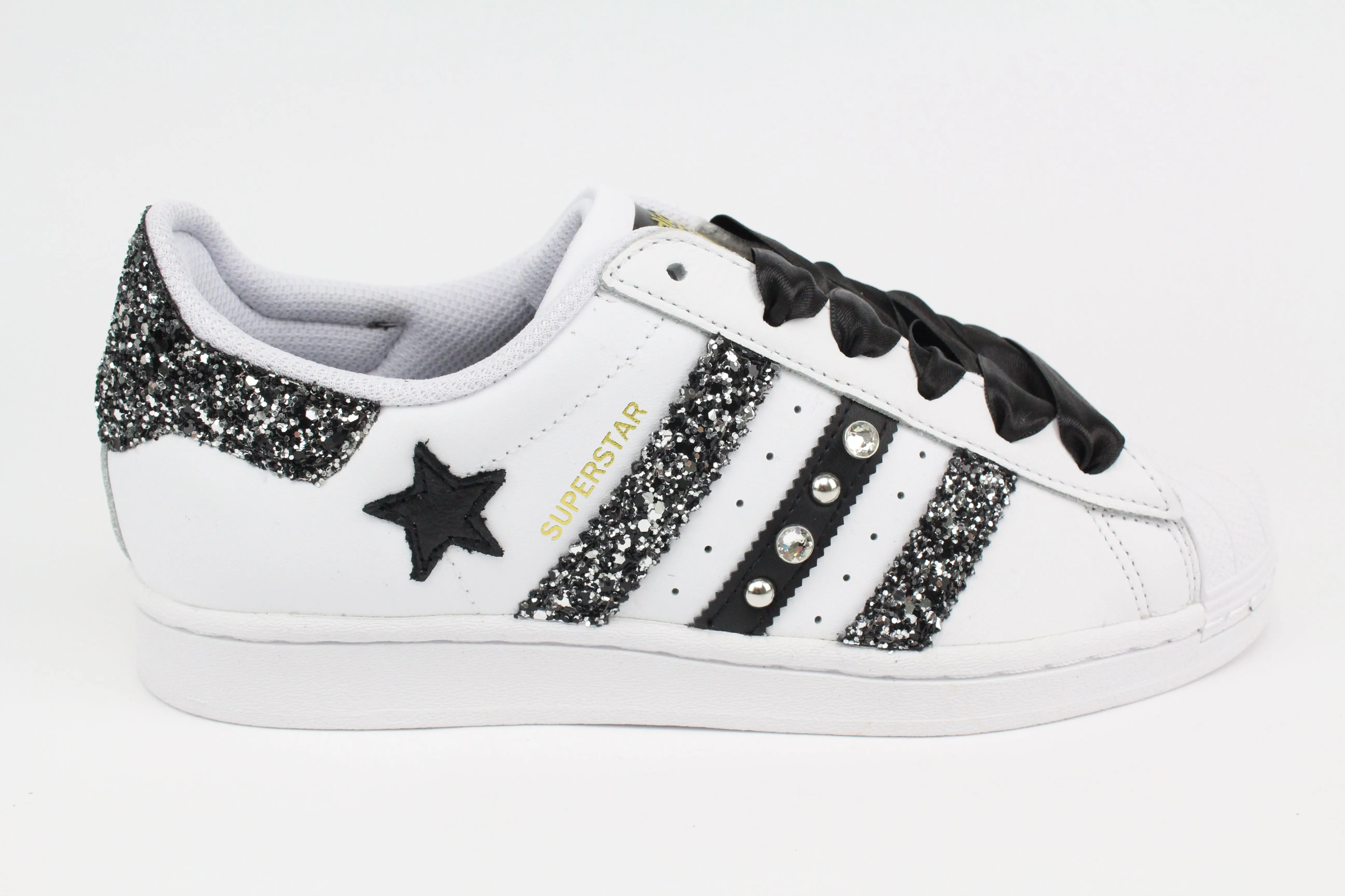 Adidas Superstar Glitter Black Silver Stella Strass & Lacci Raso Weather resistant