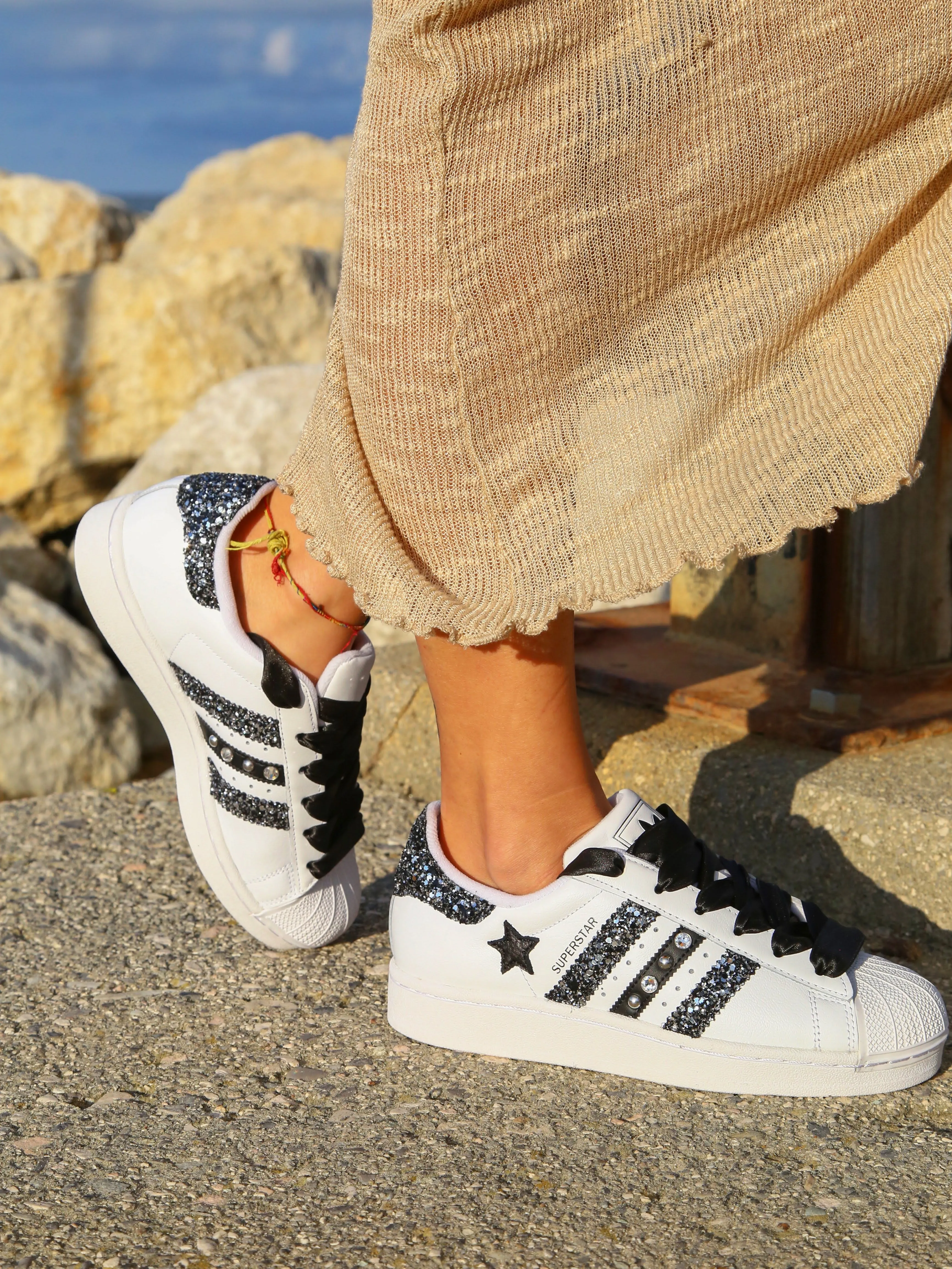 Adidas Superstar Glitter Black Silver Stella Strass & Lacci Raso Everyday Wear