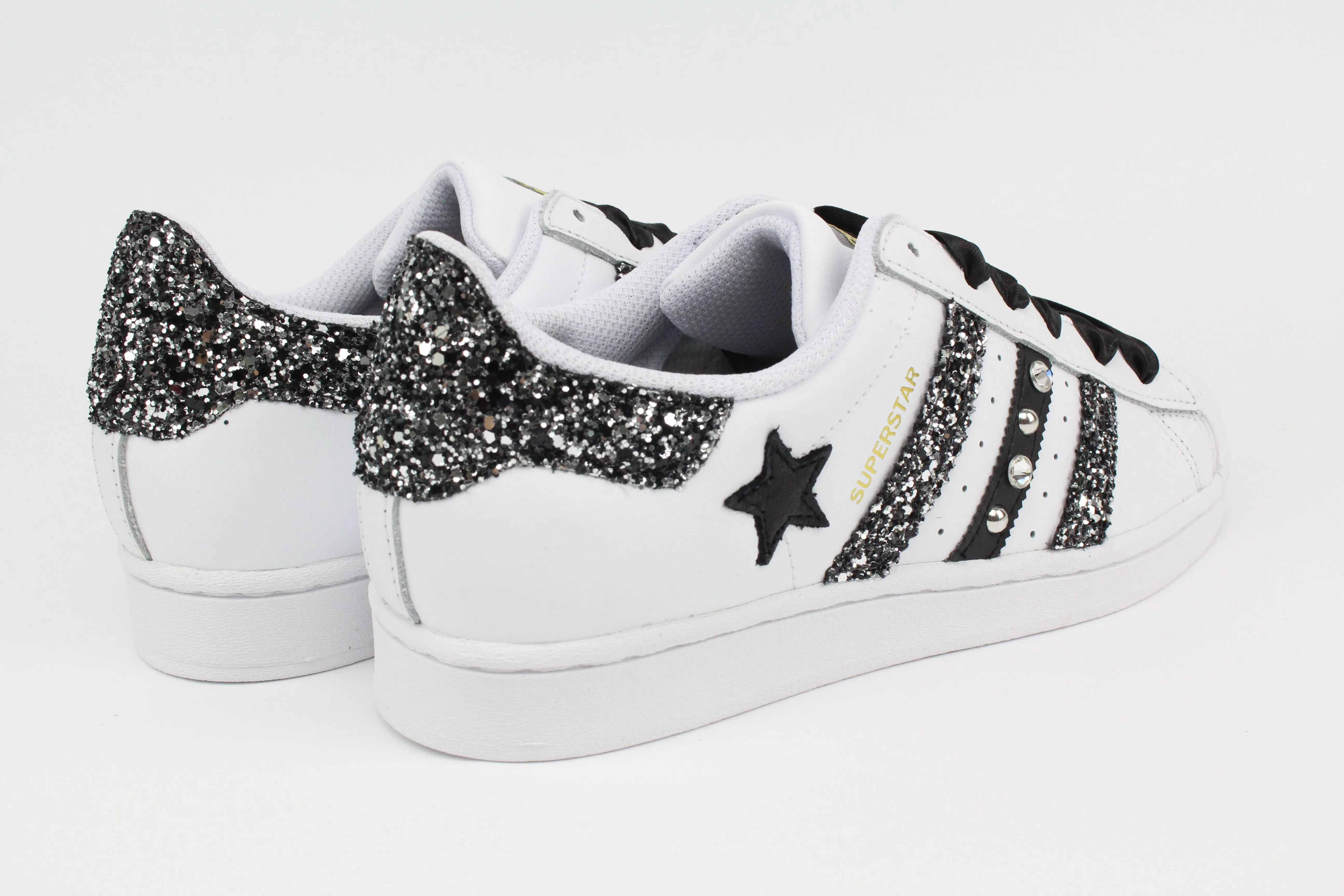 Adidas Superstar Glitter Black Silver Stella Strass & Lacci Raso Grab Easy Date Outfit