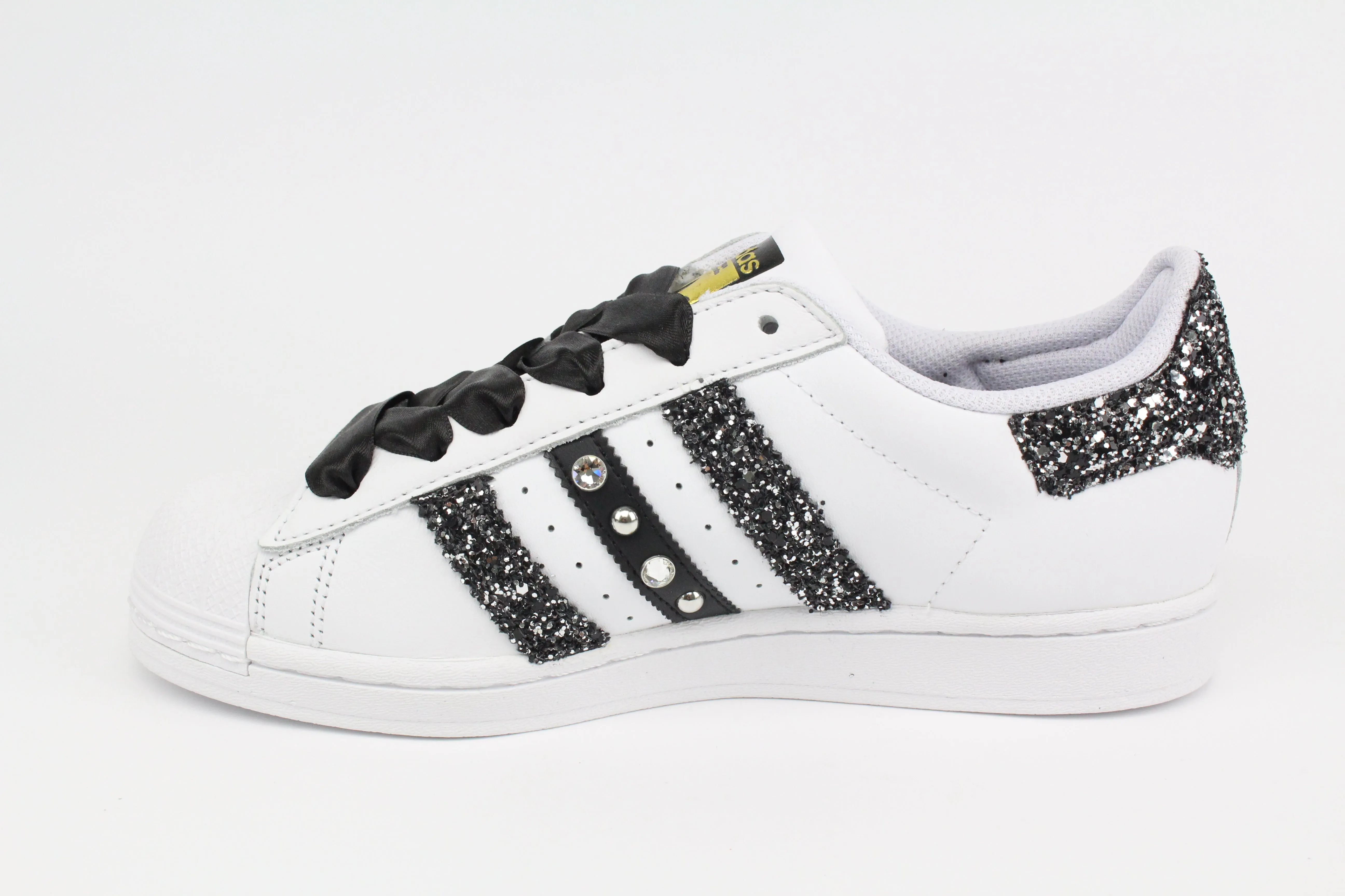 Feel Fresh Loafer Style Adidas Superstar Glitter Black Silver Stella Strass & Lacci Raso