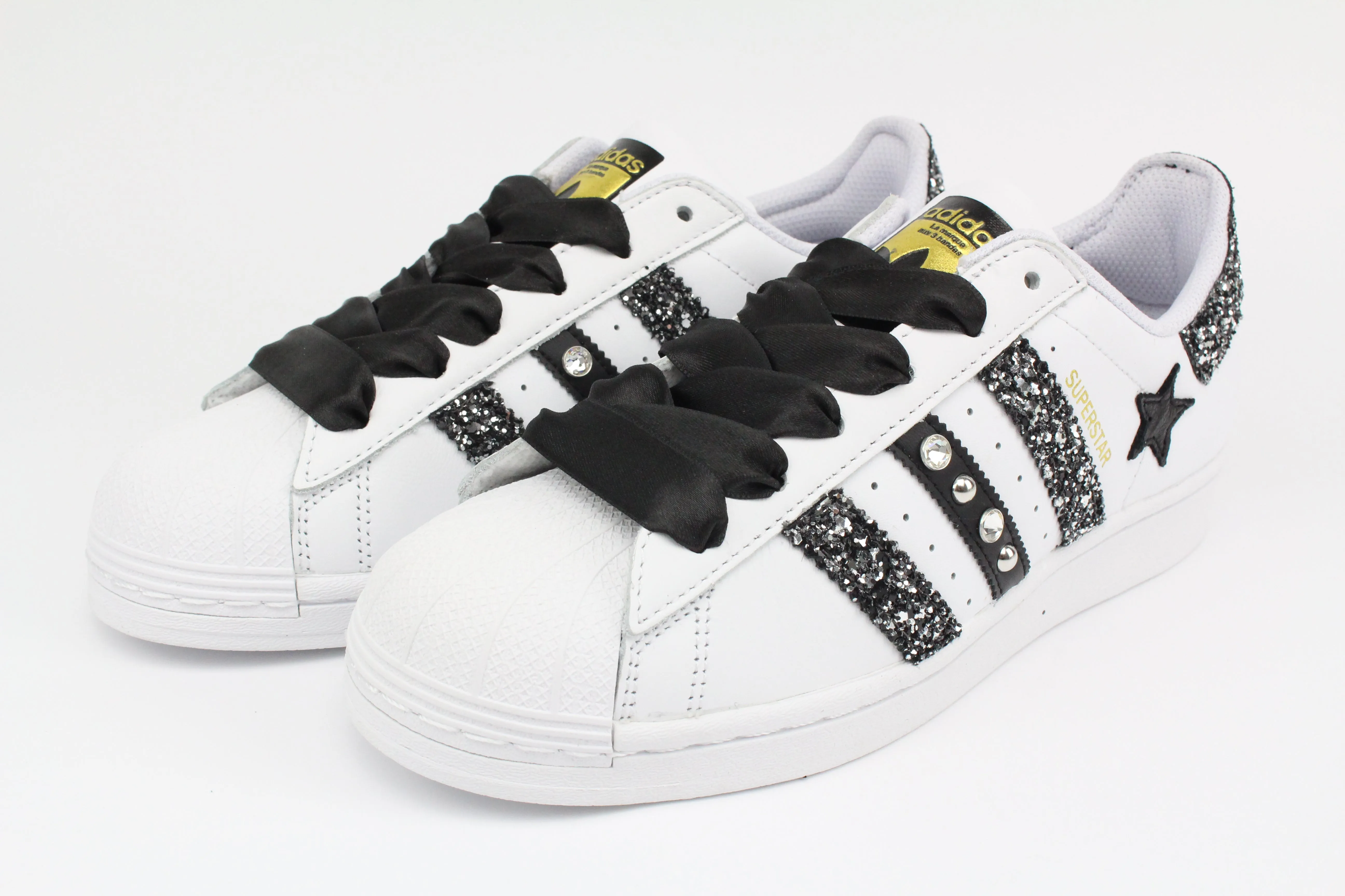 Dynamic Style Urban Life Adidas Superstar Glitter Black Silver Stella Strass & Lacci Raso