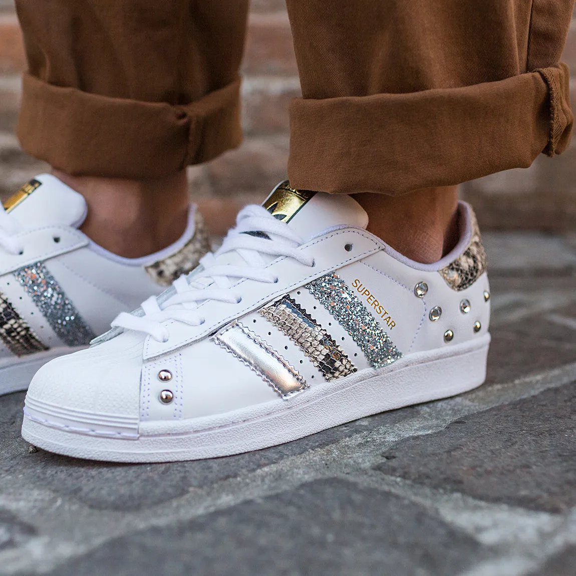Flower Jog Adidas Superstar Pitone Silver Glitter & Borchie