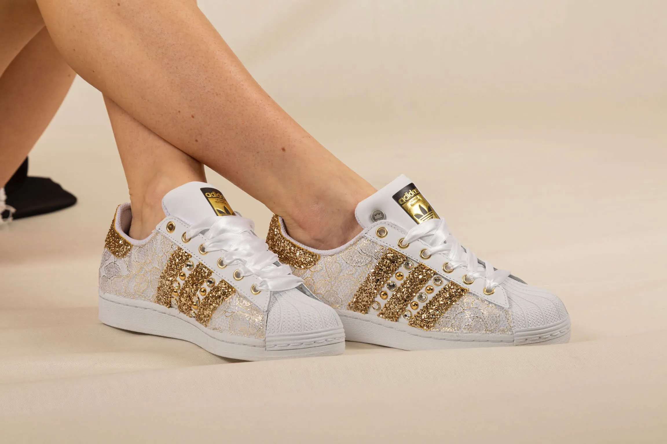 Adidas Superstar Pizzo White Glitter Oro Borchie & Strass Luxe Look Plain Jog