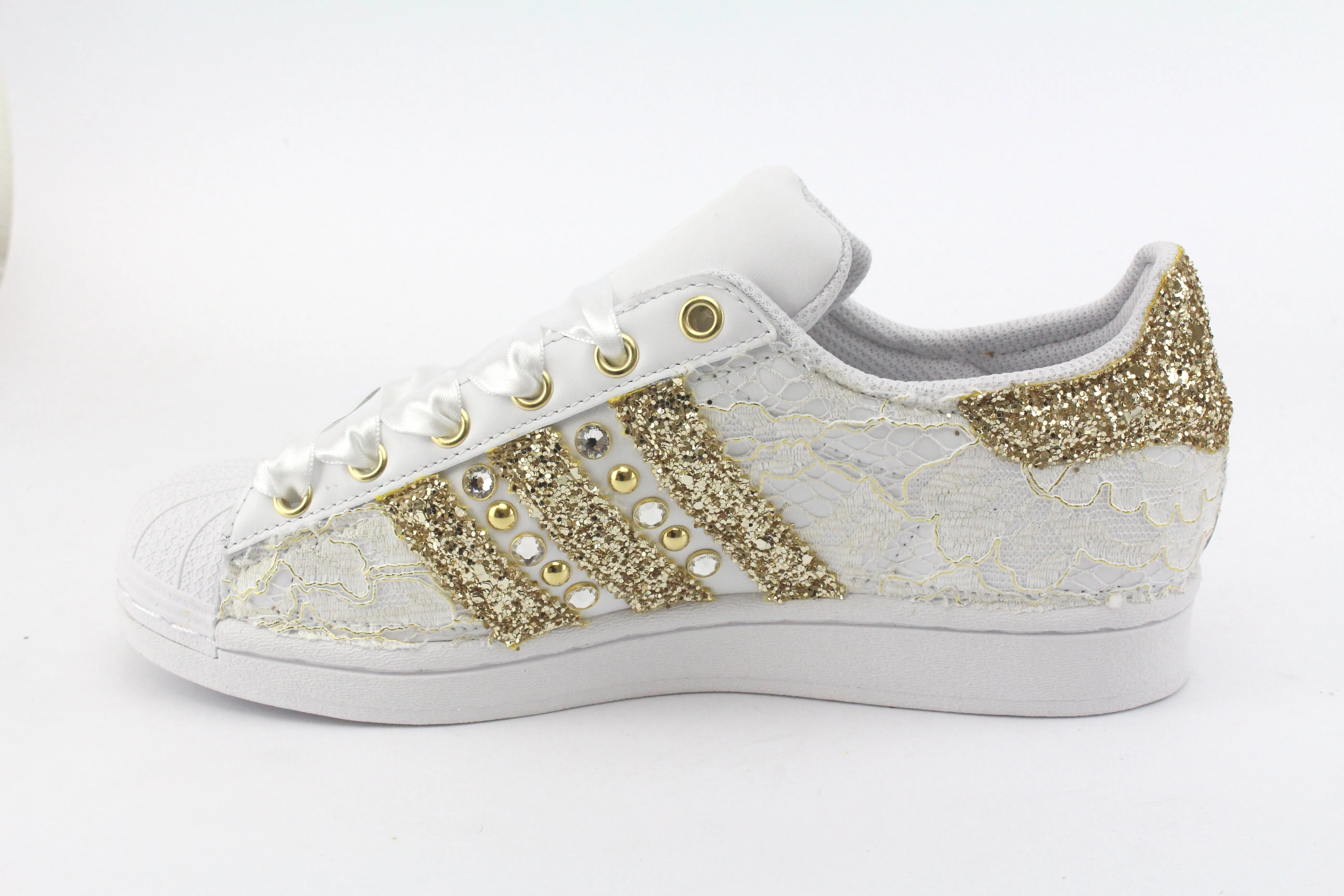 Stretchable Material Adidas Superstar Pizzo White Glitter Oro Borchie & Strass