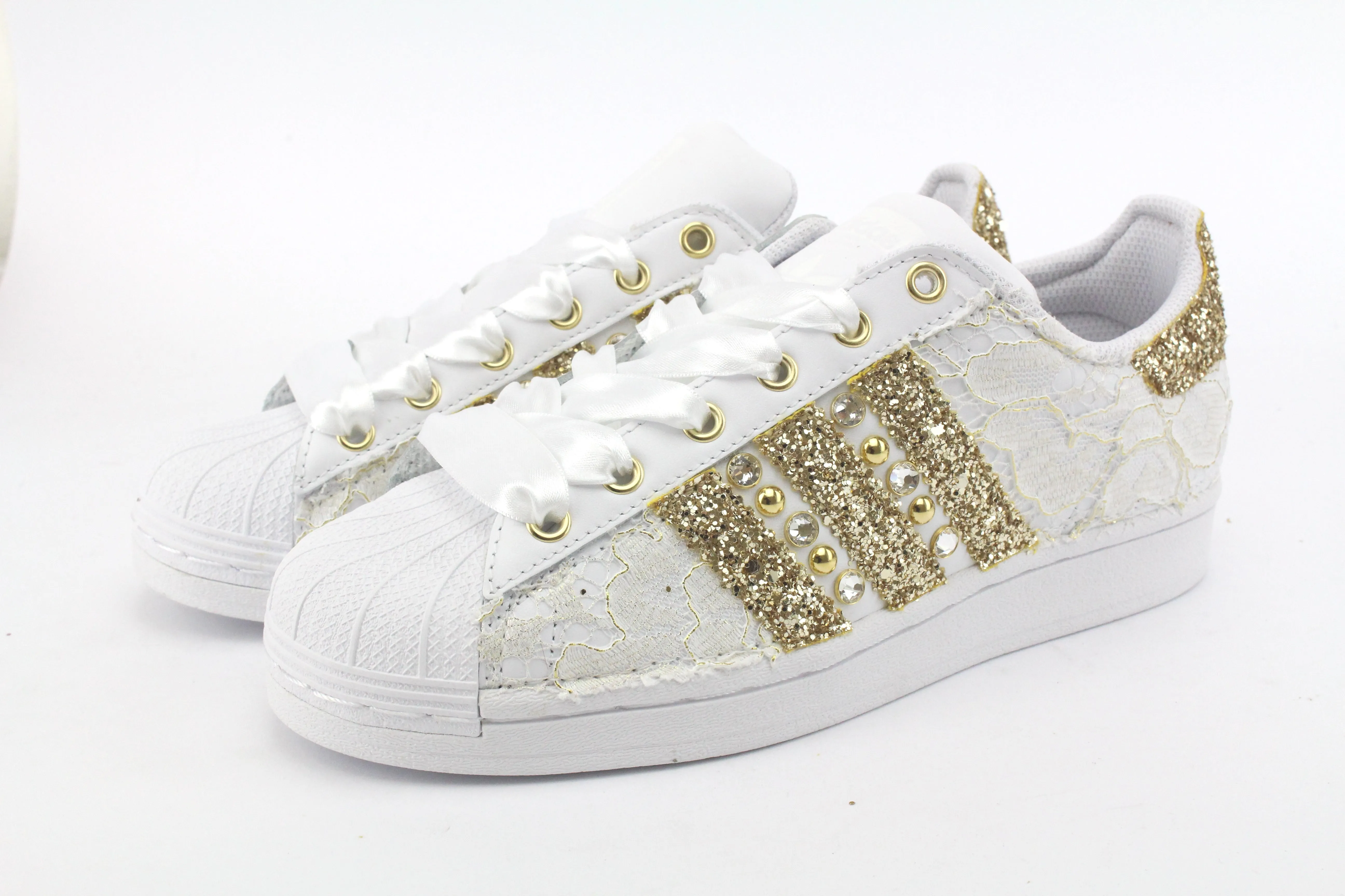 Adidas Superstar Pizzo White Glitter Oro Borchie & Strass Comfortable Foot