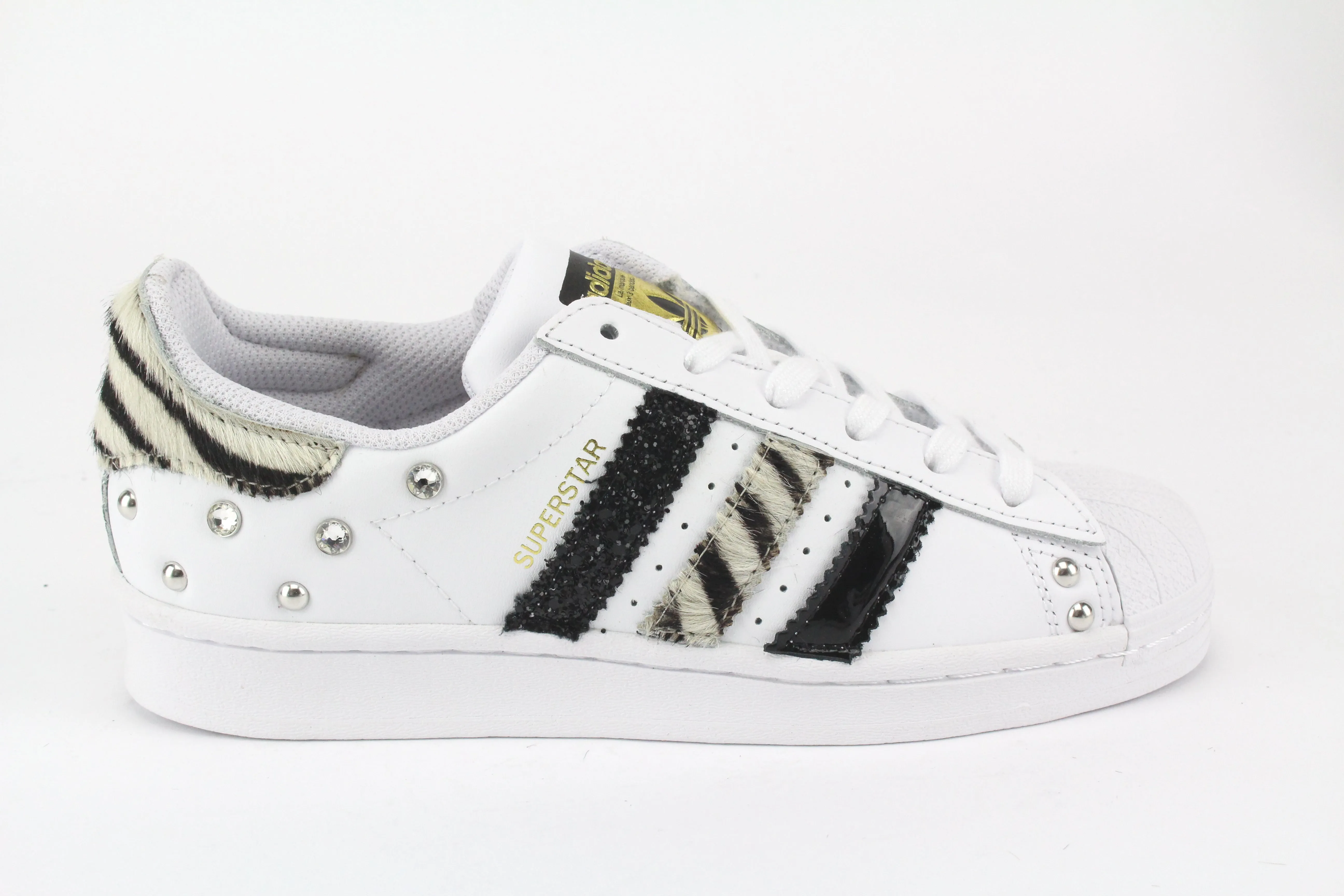 Adidas Superstar Zebrate Strass & vernice Nera Unisex Design Mesh Detail