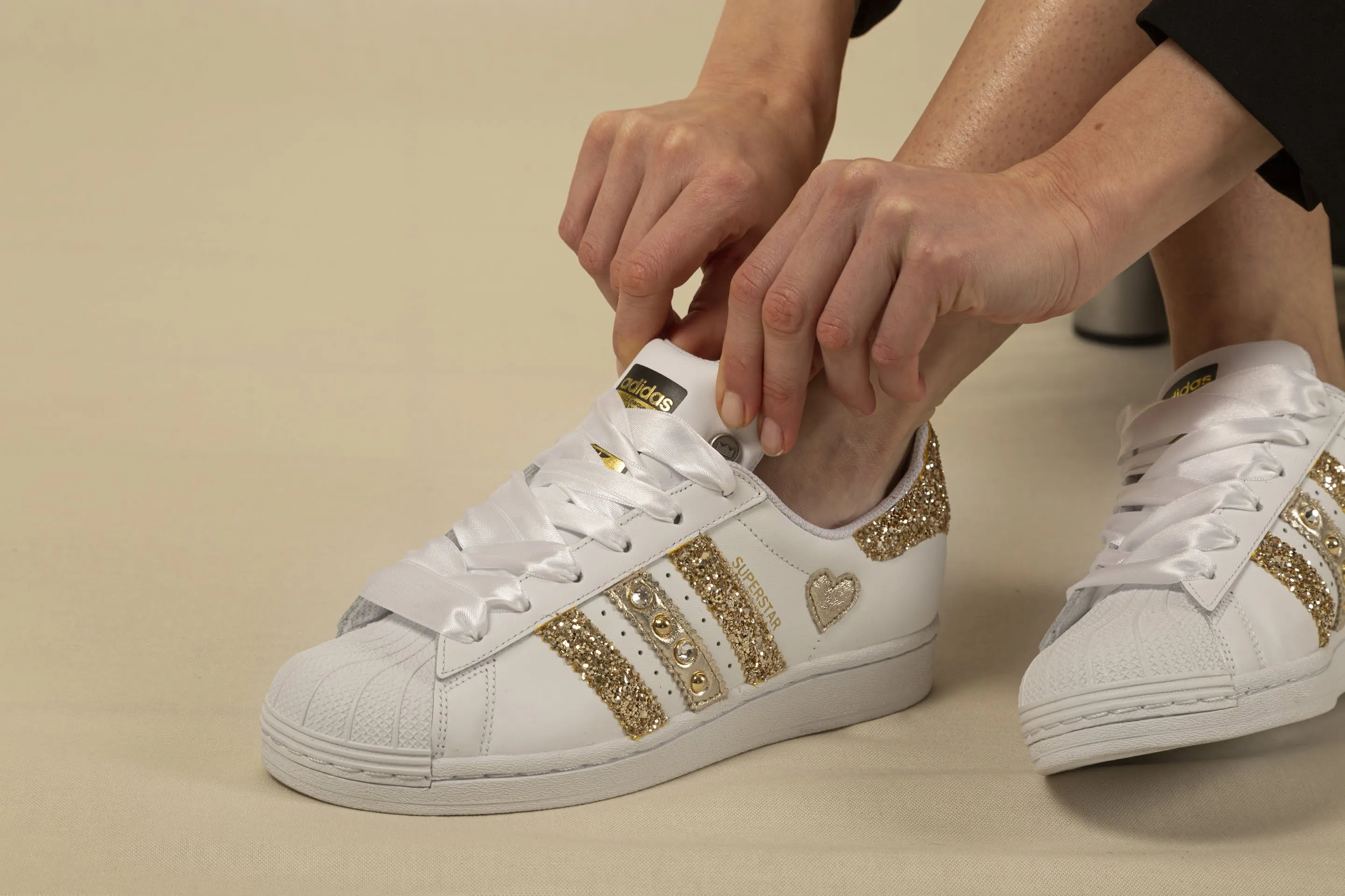 Adidas Superstar Glitter Gold Cuore Gold Strass & Lacci Raso Orange Pop