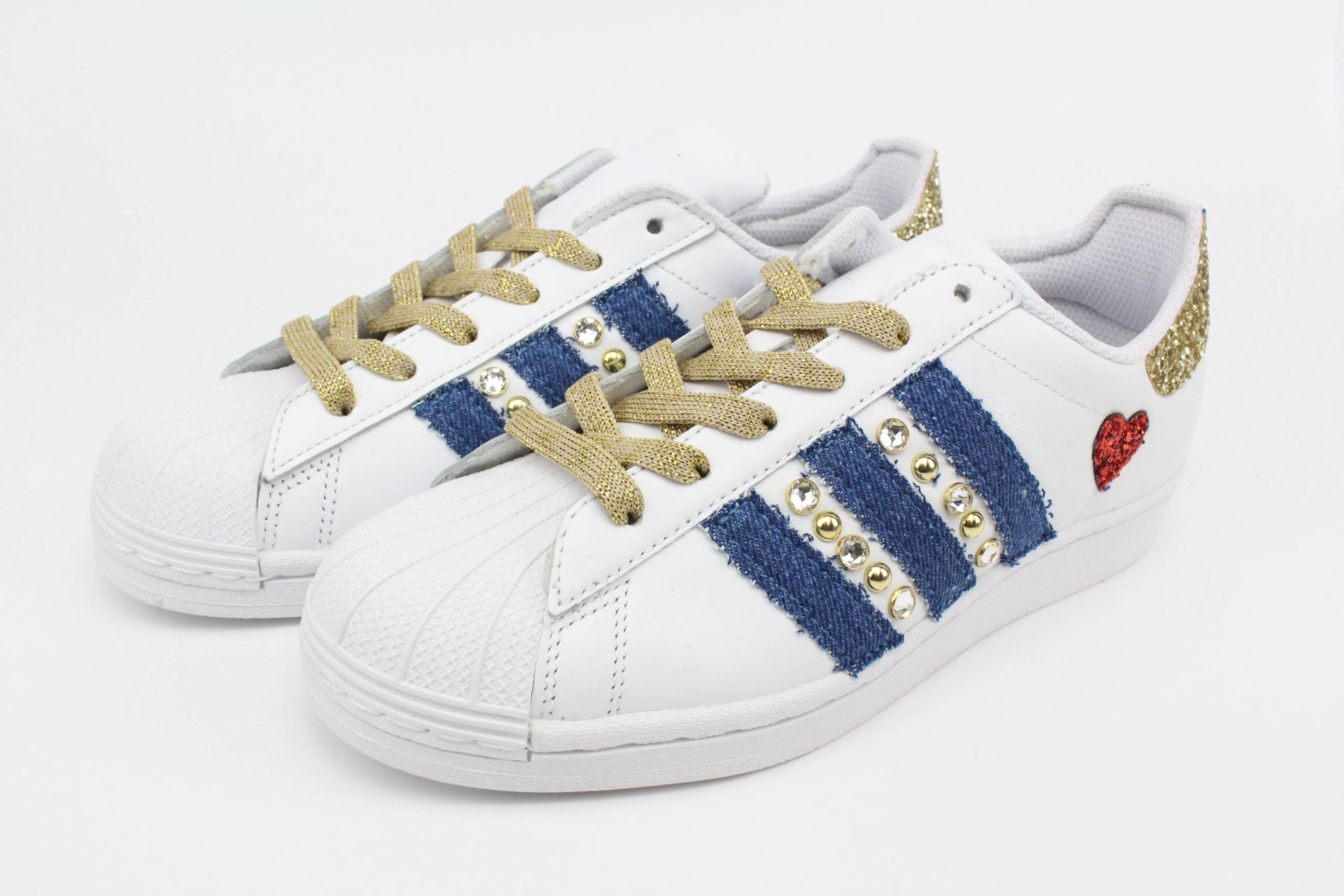 Adidas Superstar Denim Jeans Strass & Cuore Rosso Cloud Fit Match Go