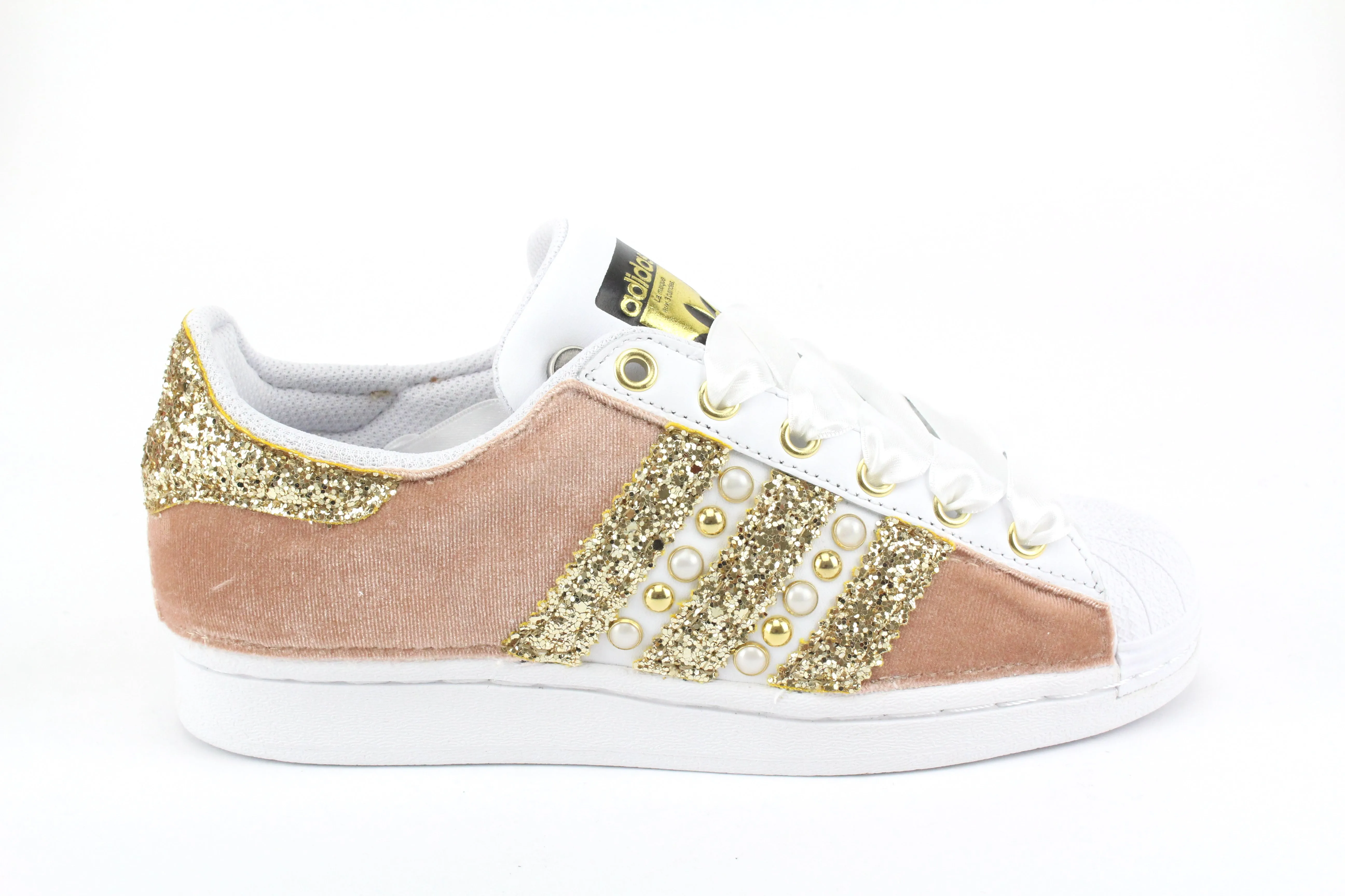 Adidas Superstar Velluto Rosa & Oro Lace   Up Pointed Toe Design
