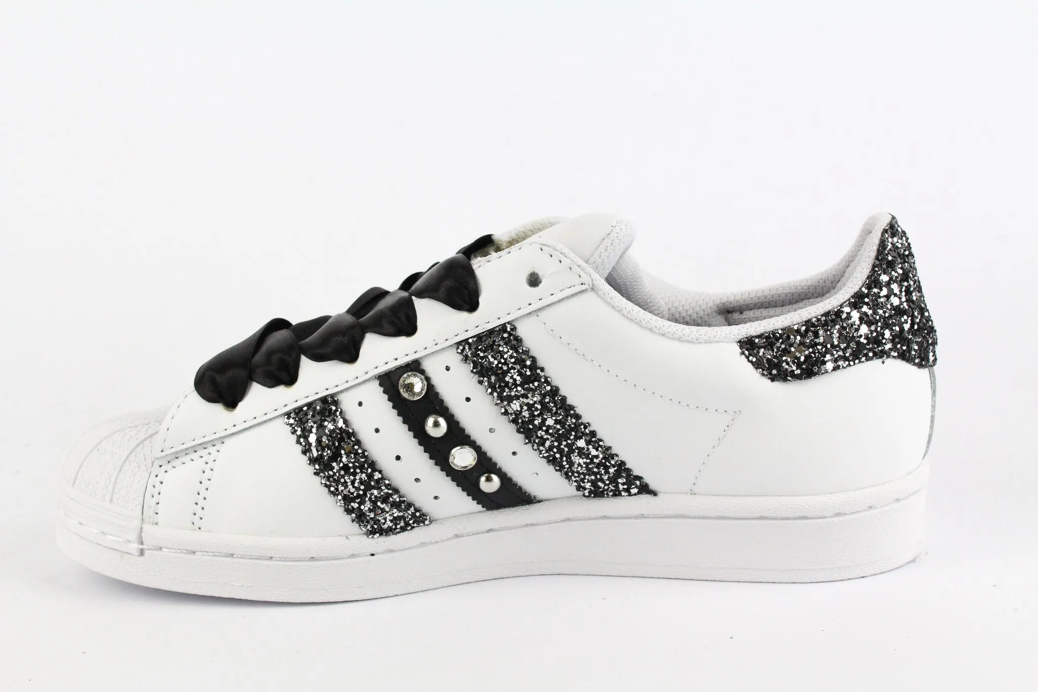 Stone Path Adidas Superstar Glitter Black Silver Cuore Strass & Lacci Raso