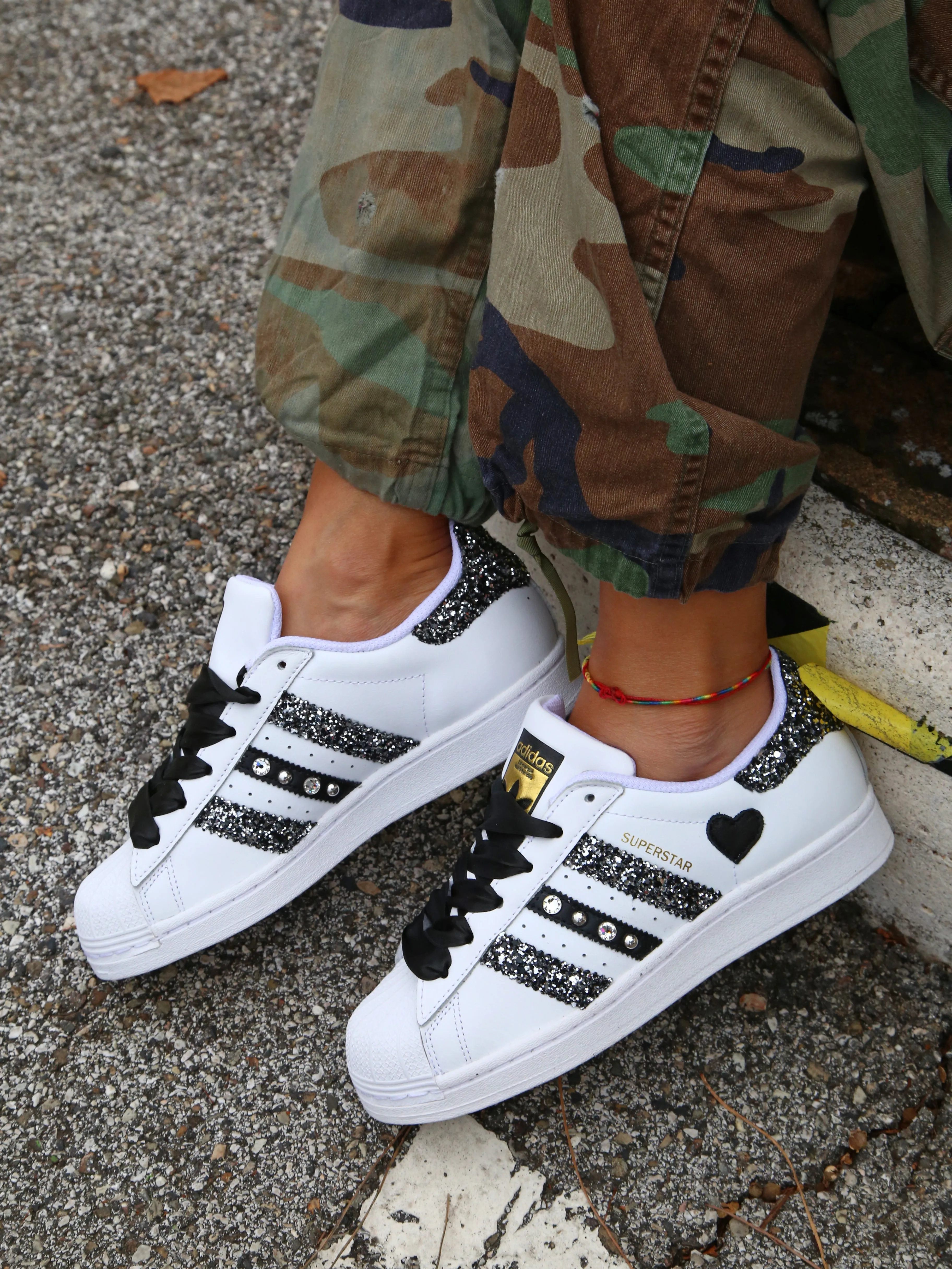Work Jog Cushioned Fit Adidas Superstar Glitter Black Silver Cuore Strass & Lacci Raso