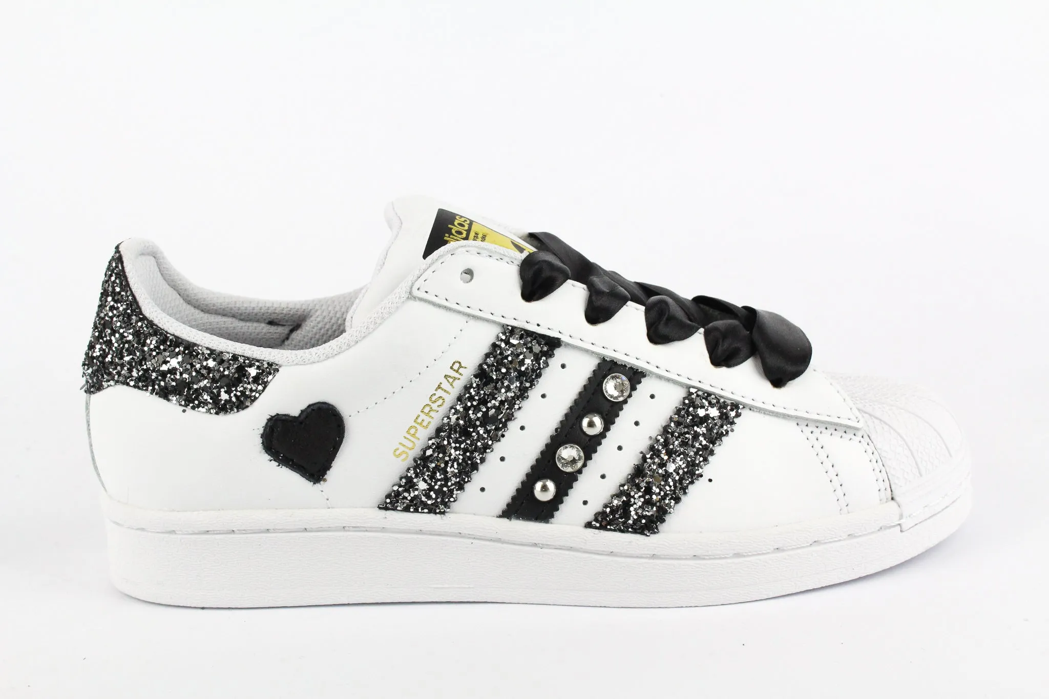 Win Hike Cushioned heel Adidas Superstar Glitter Black Silver Cuore Strass & Lacci Raso