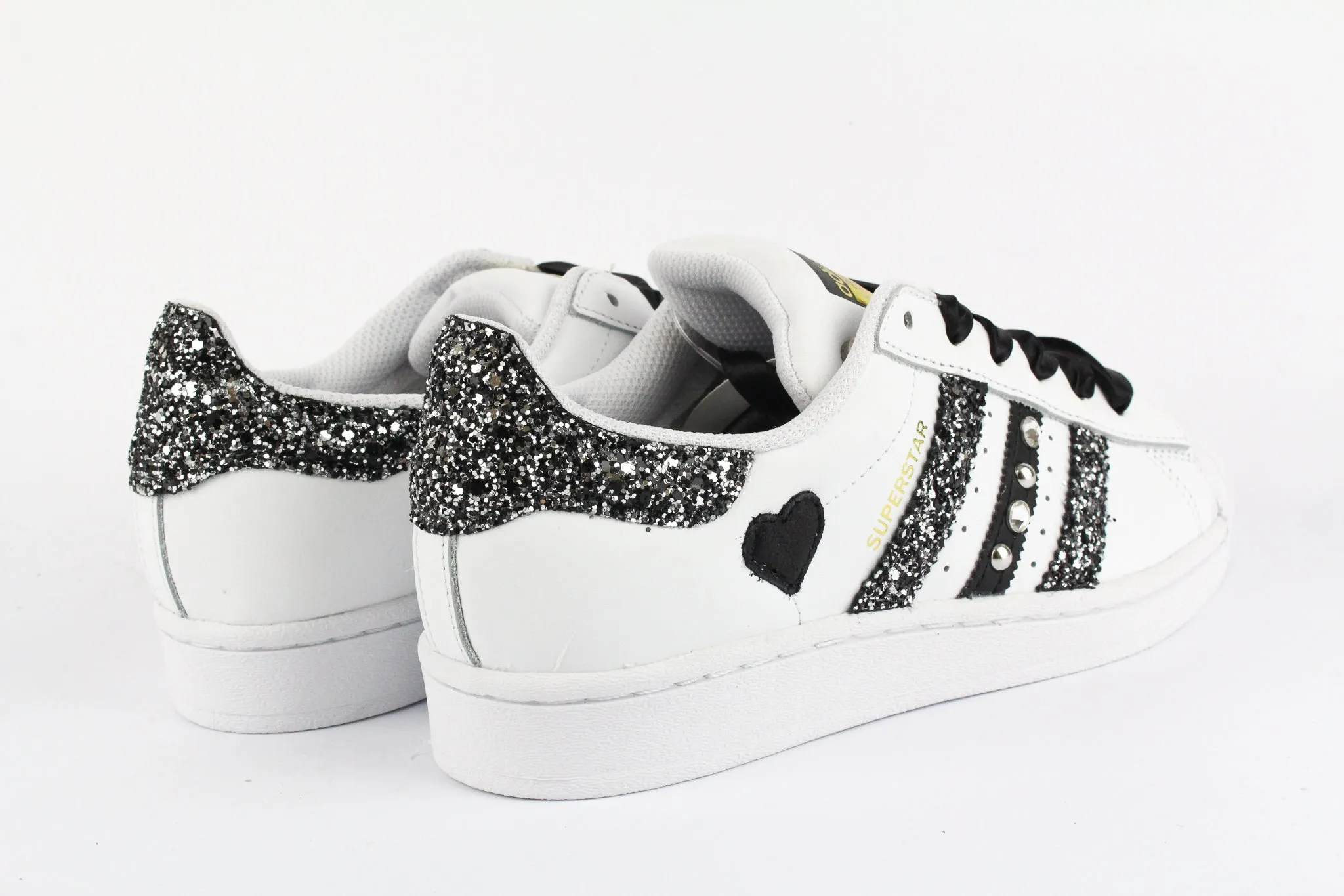Adidas Superstar Glitter Black Silver Cuore Strass & Lacci Raso Clean Fit