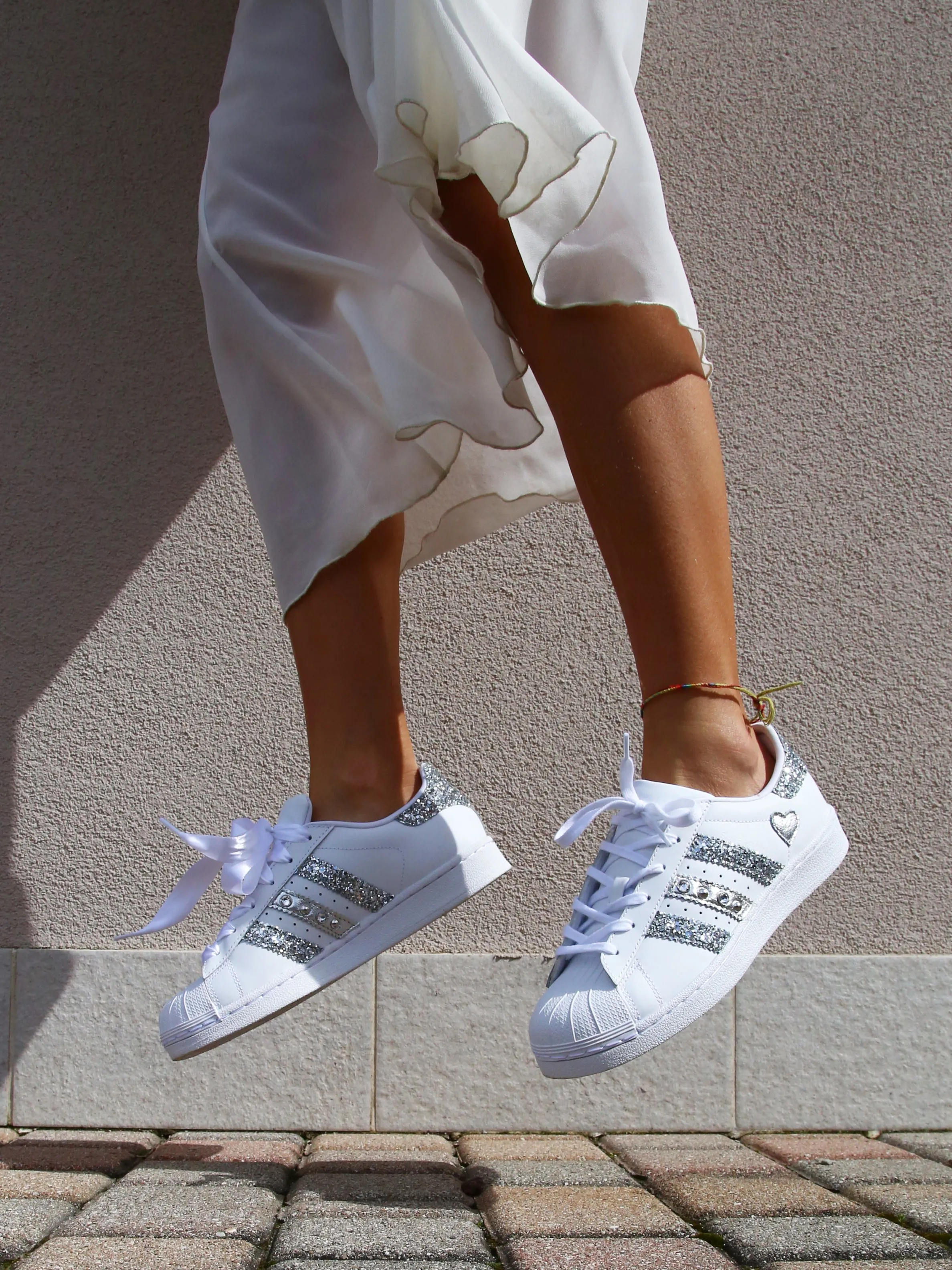 Quiet Step Wedges Adidas Superstar Glitter Silver Cuore Strass & Lacci in Raso