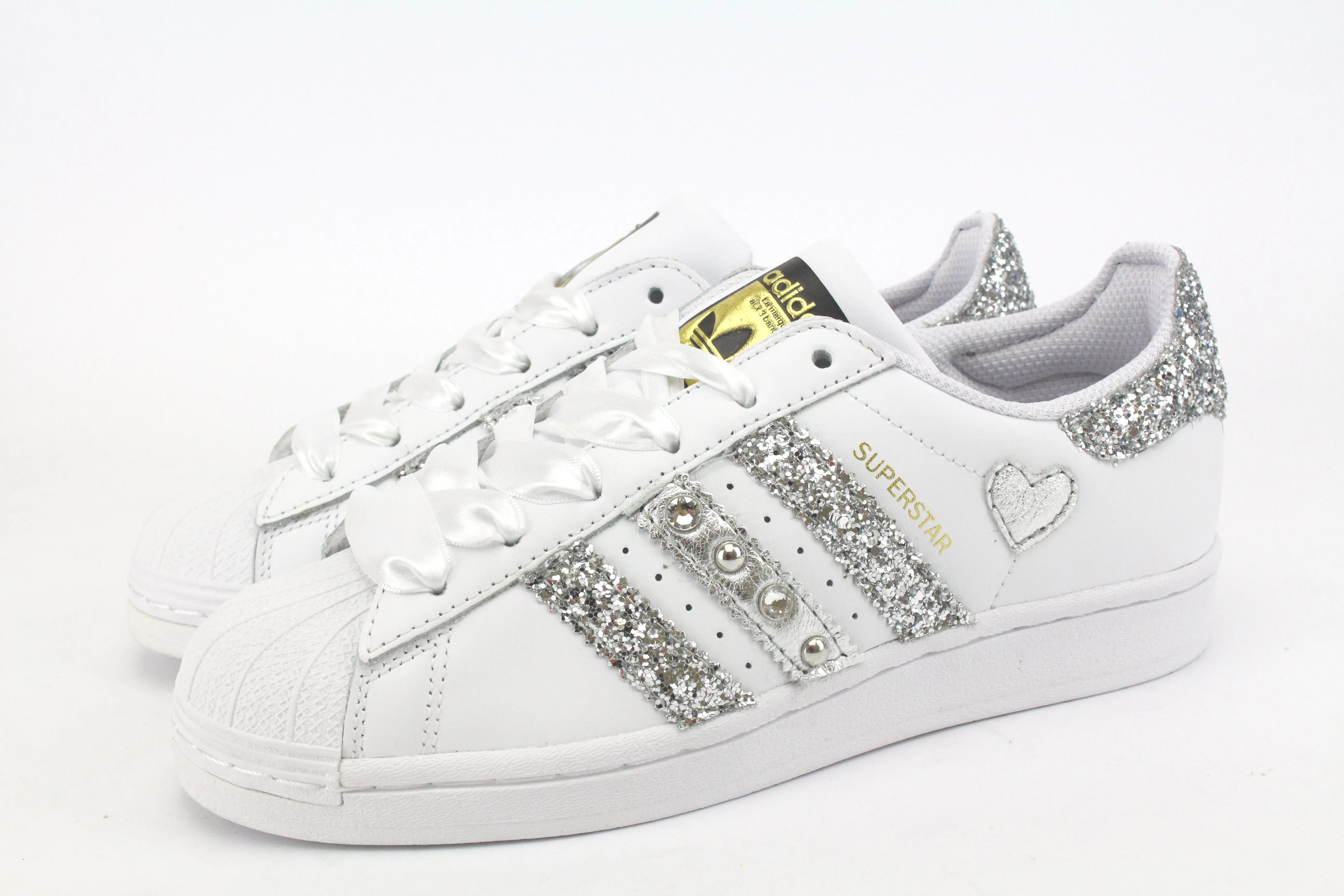Anti   Blister Stand Long Adidas Superstar Glitter Silver Cuore Strass & Lacci in Raso