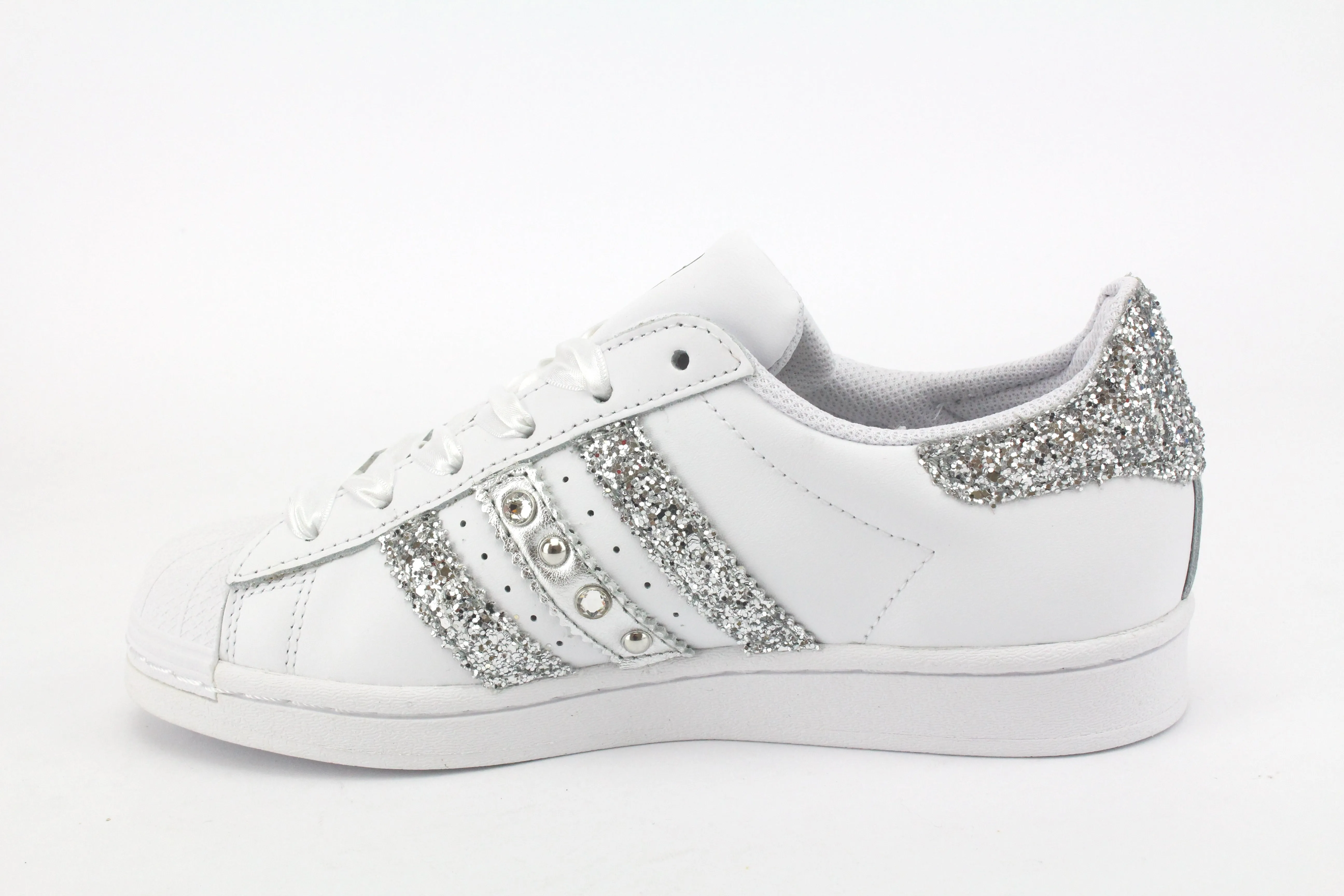 Adidas Superstar Glitter Silver Cuore Strass & Lacci in Raso Reinforced Seams