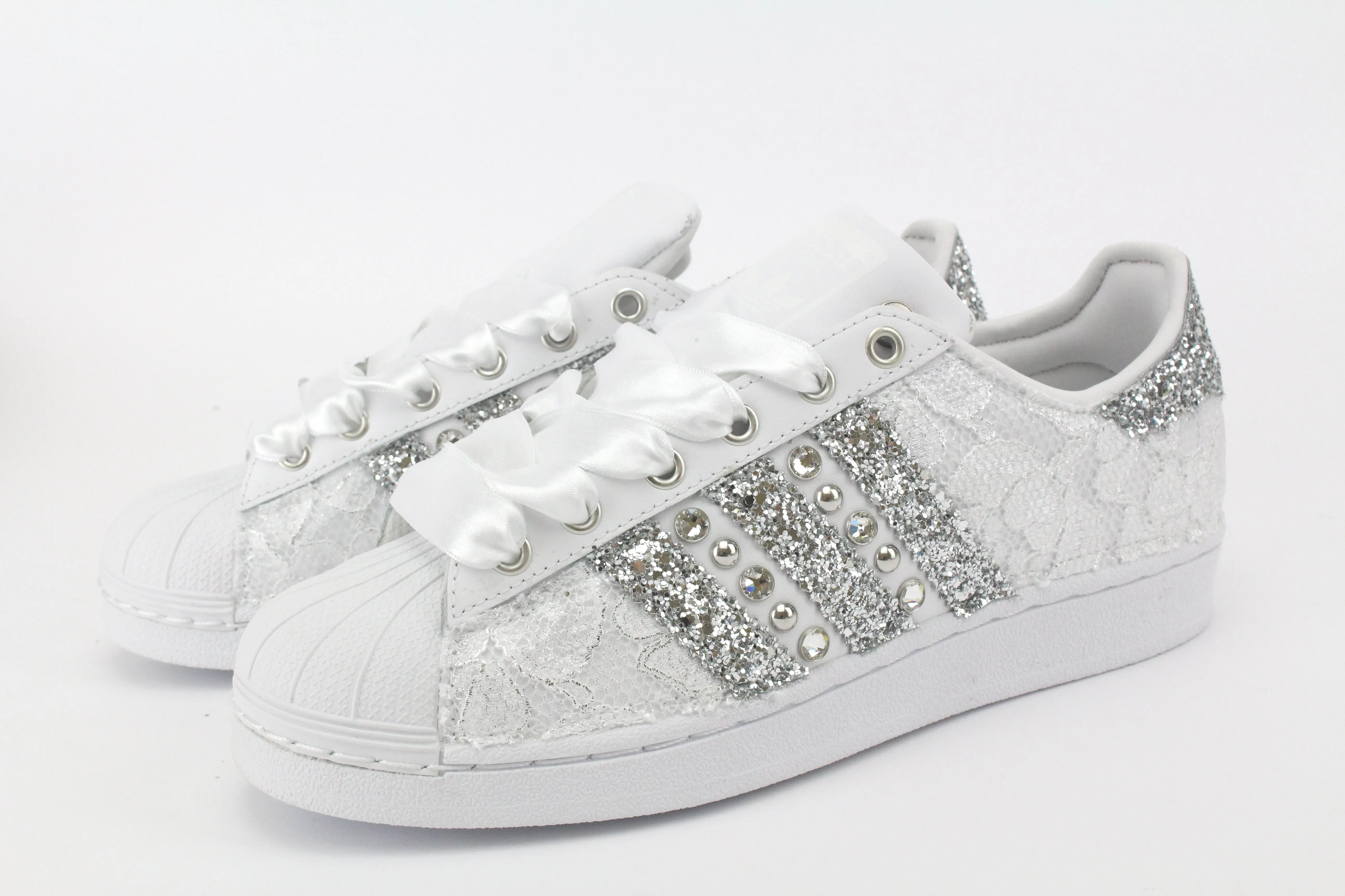 Adidas Superstar Pizzo White Glitter Argento Borchie & Strass Gentle Fit