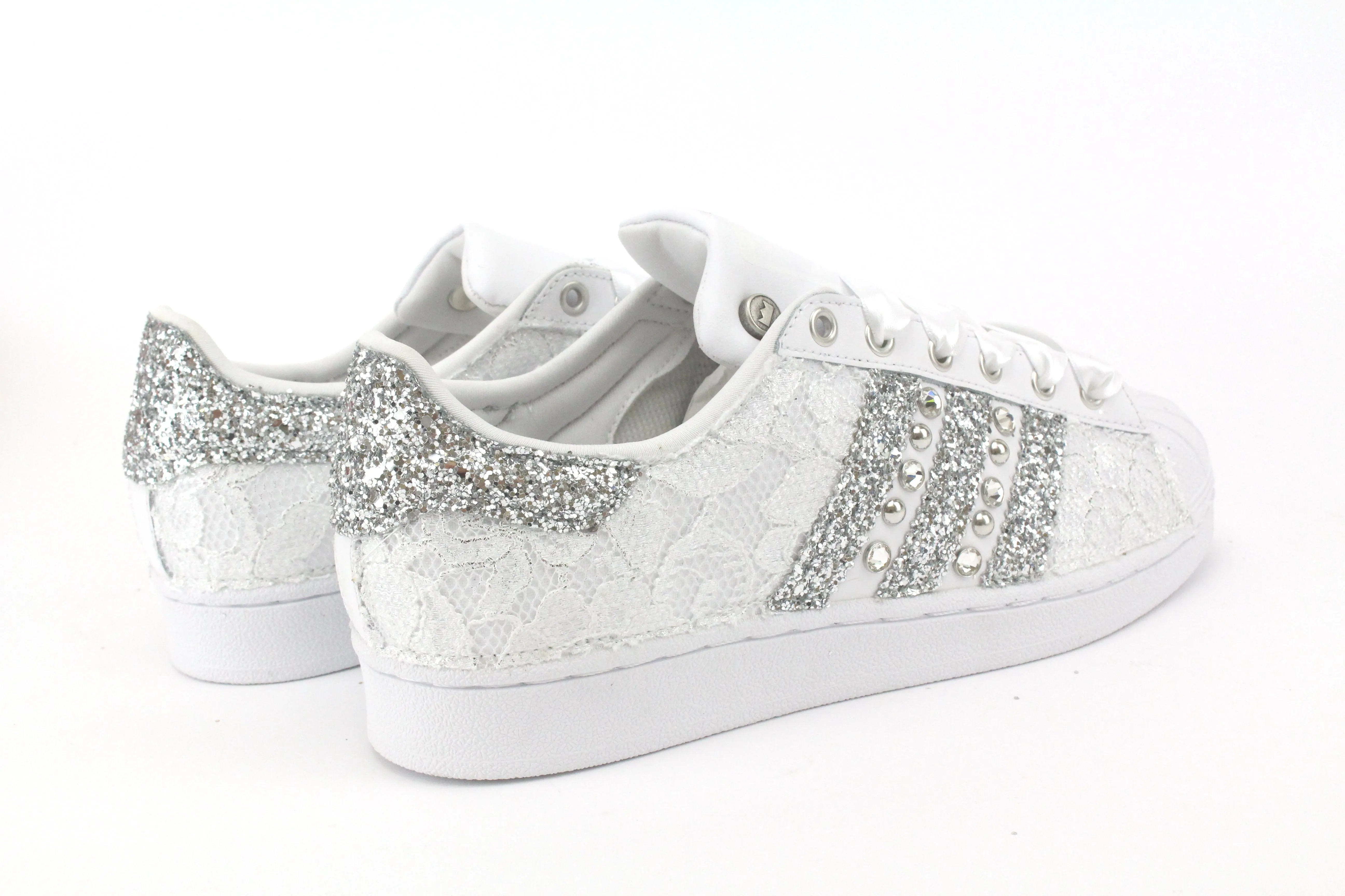 Adidas Superstar Pizzo White Glitter Argento Borchie & Strass Bootie Style