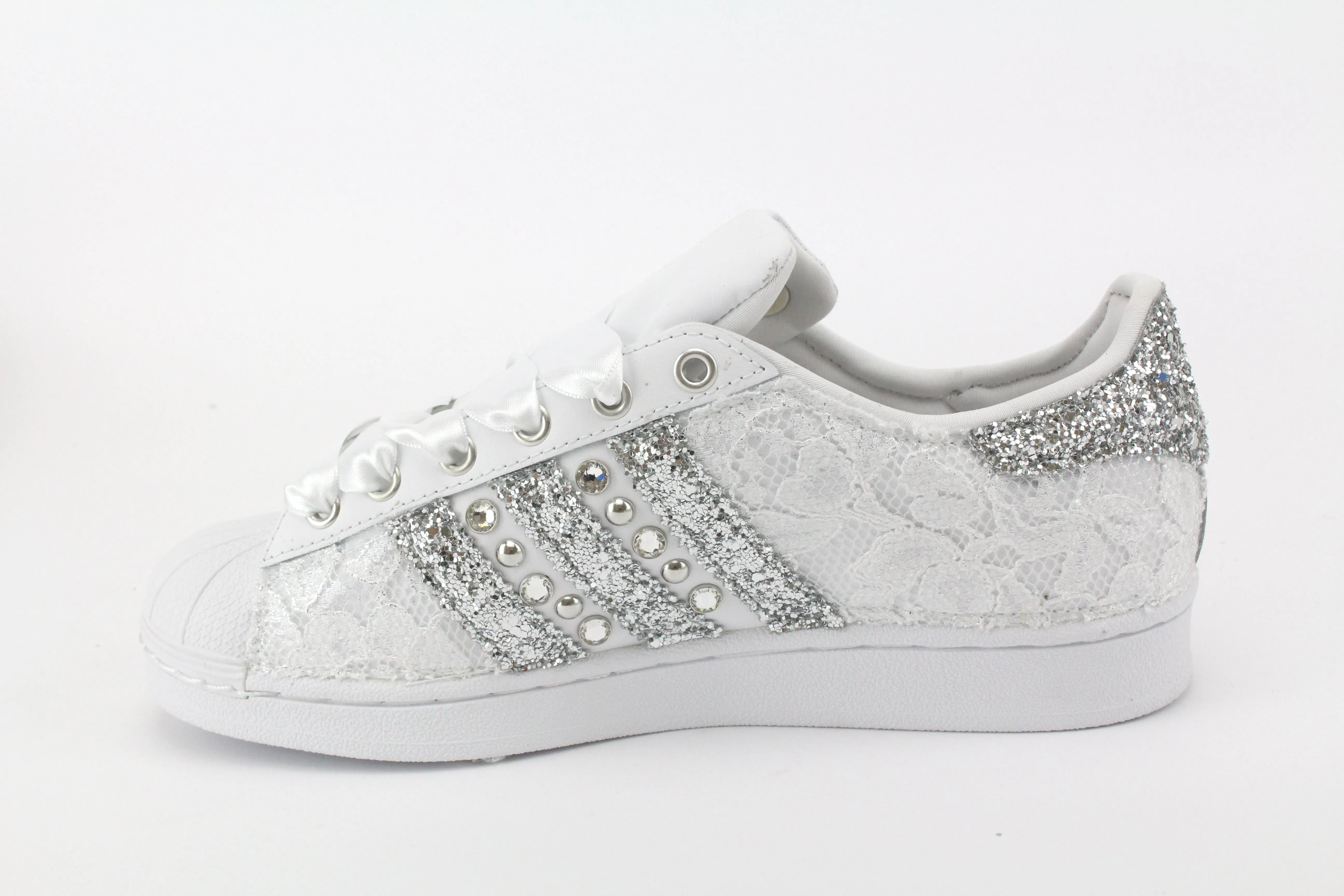 Adidas Superstar Pizzo White Glitter Argento Borchie & Strass Bounce Step Sleek Detail