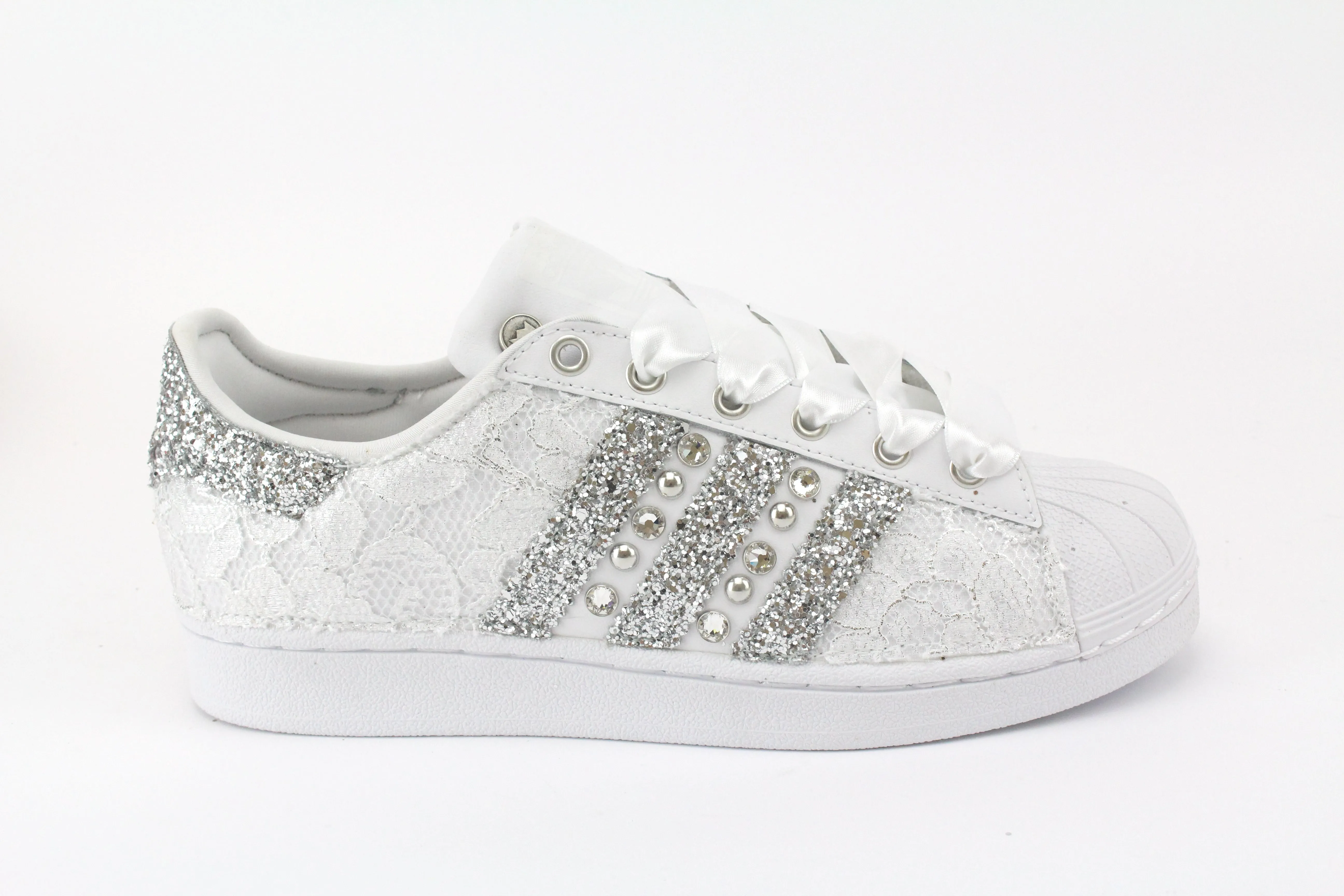 Travel Walk Adidas Superstar Pizzo White Glitter Argento Borchie & Strass