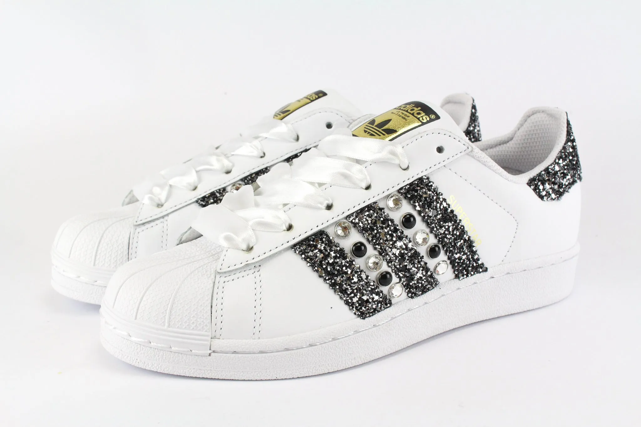 Leisure Style Dusk Step Adidas Superstar Black Silver Glitter & Strass