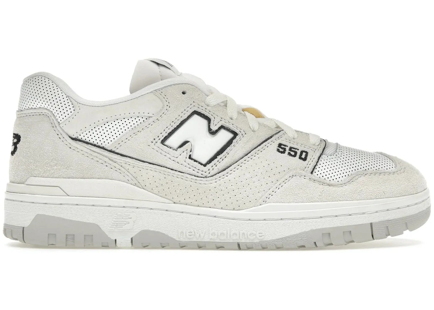 New Balance 550 White Perforated Leather Black Print Fun Cliff Path