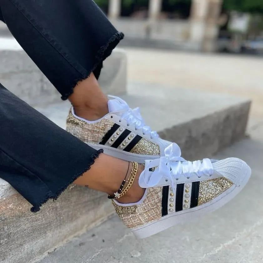 Comfy Pair Comfortable fit Adidas Superstar Gold Boucl?? Glitter & Borchie