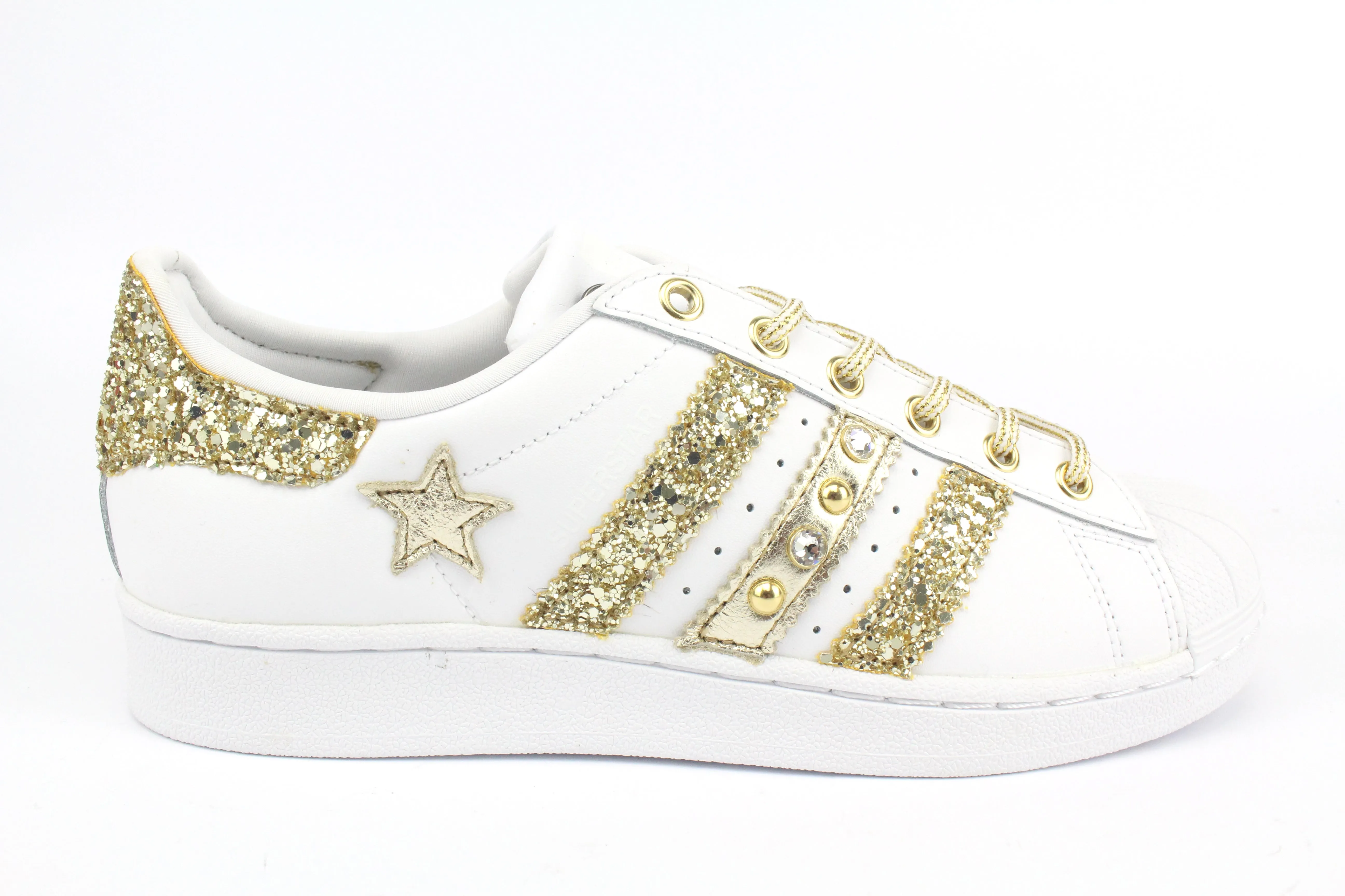 Buckle Detail Step By Step Adidas Superstar Glitter Gold Stella Gold Strass & Lacci Raso
