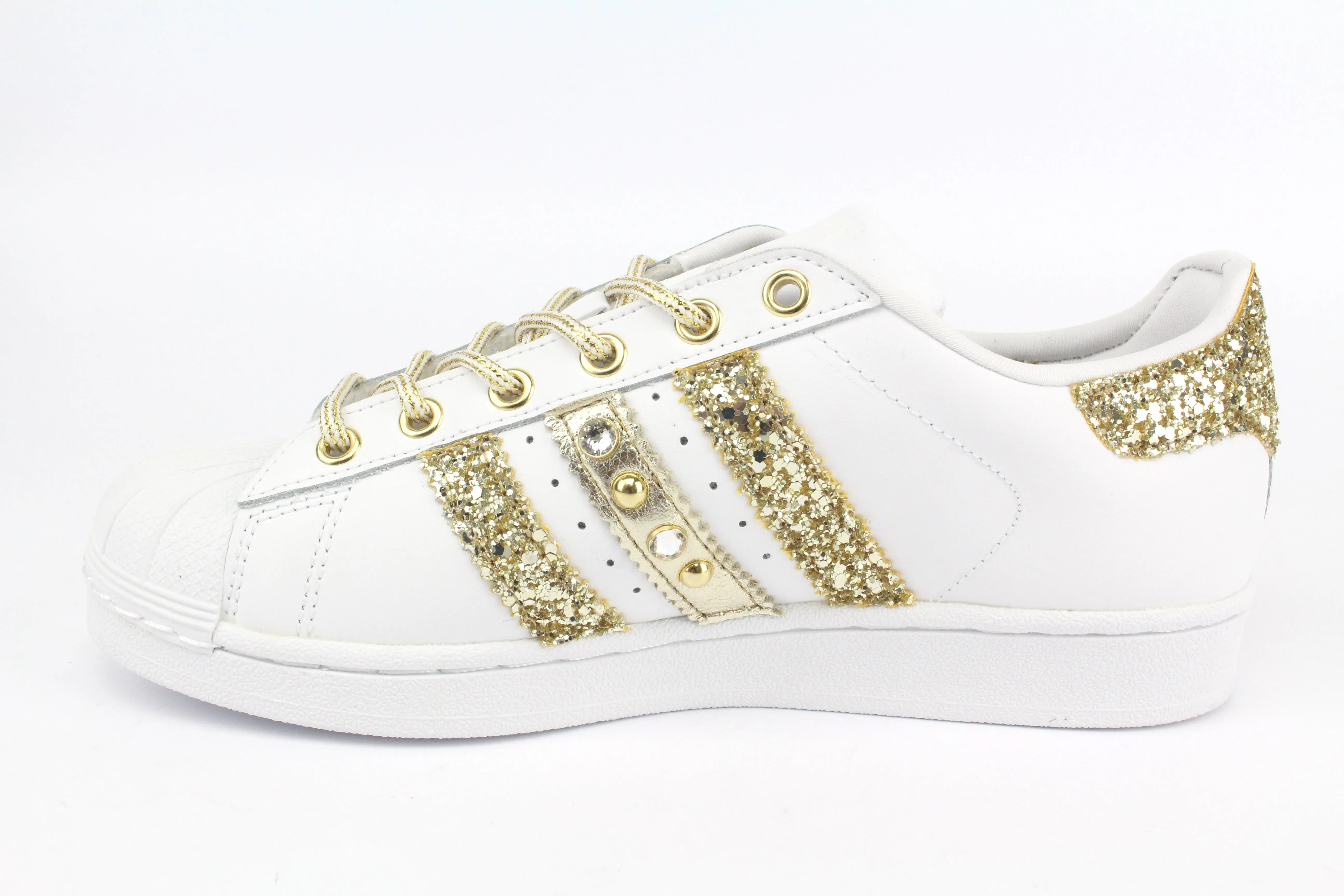 Hiking Friendly Long Standing Adidas Superstar Glitter Gold Stella Gold Strass & Lacci Raso