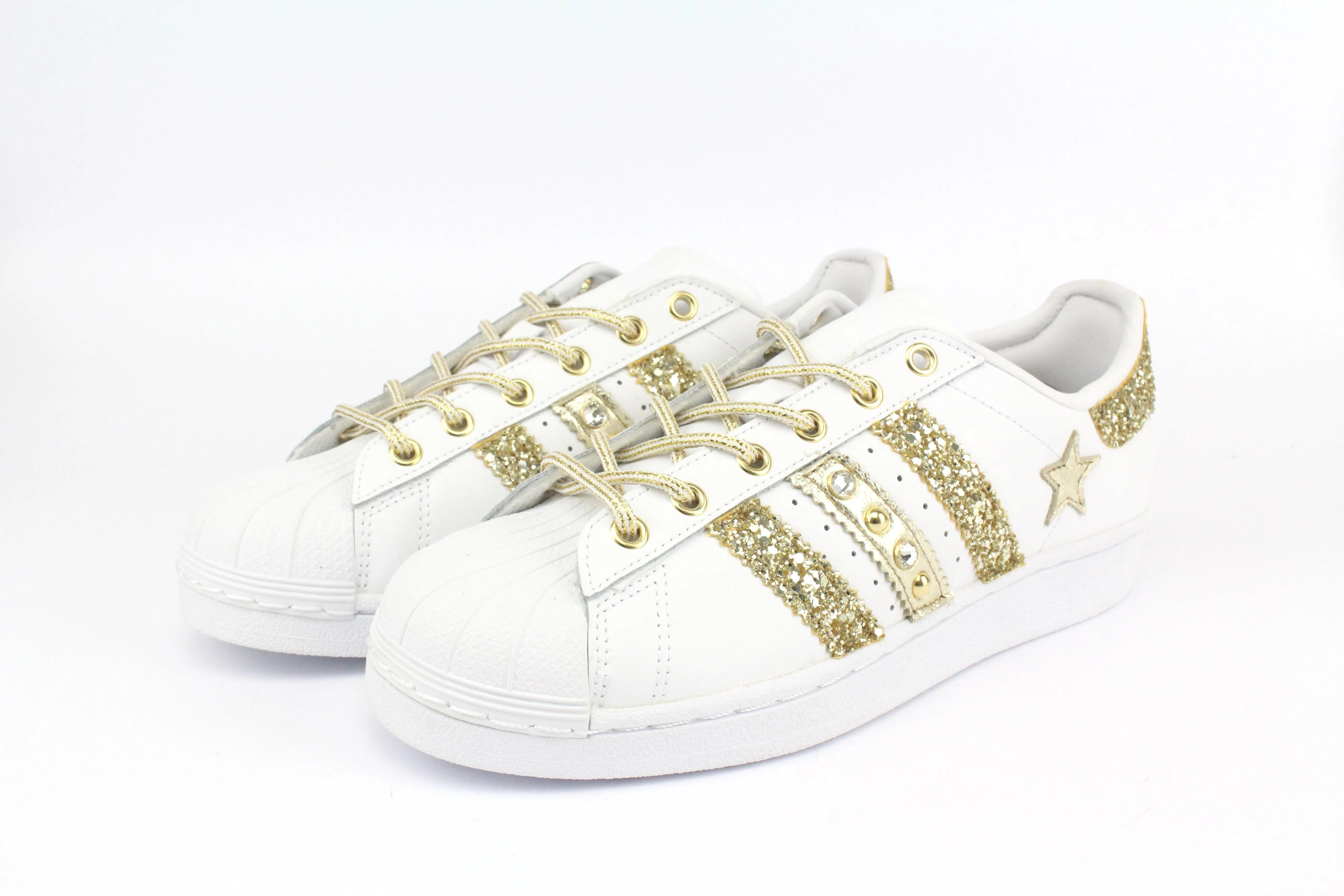 Adidas Superstar Glitter Gold Stella Gold Strass & Lacci Raso Friend Hike Sporty