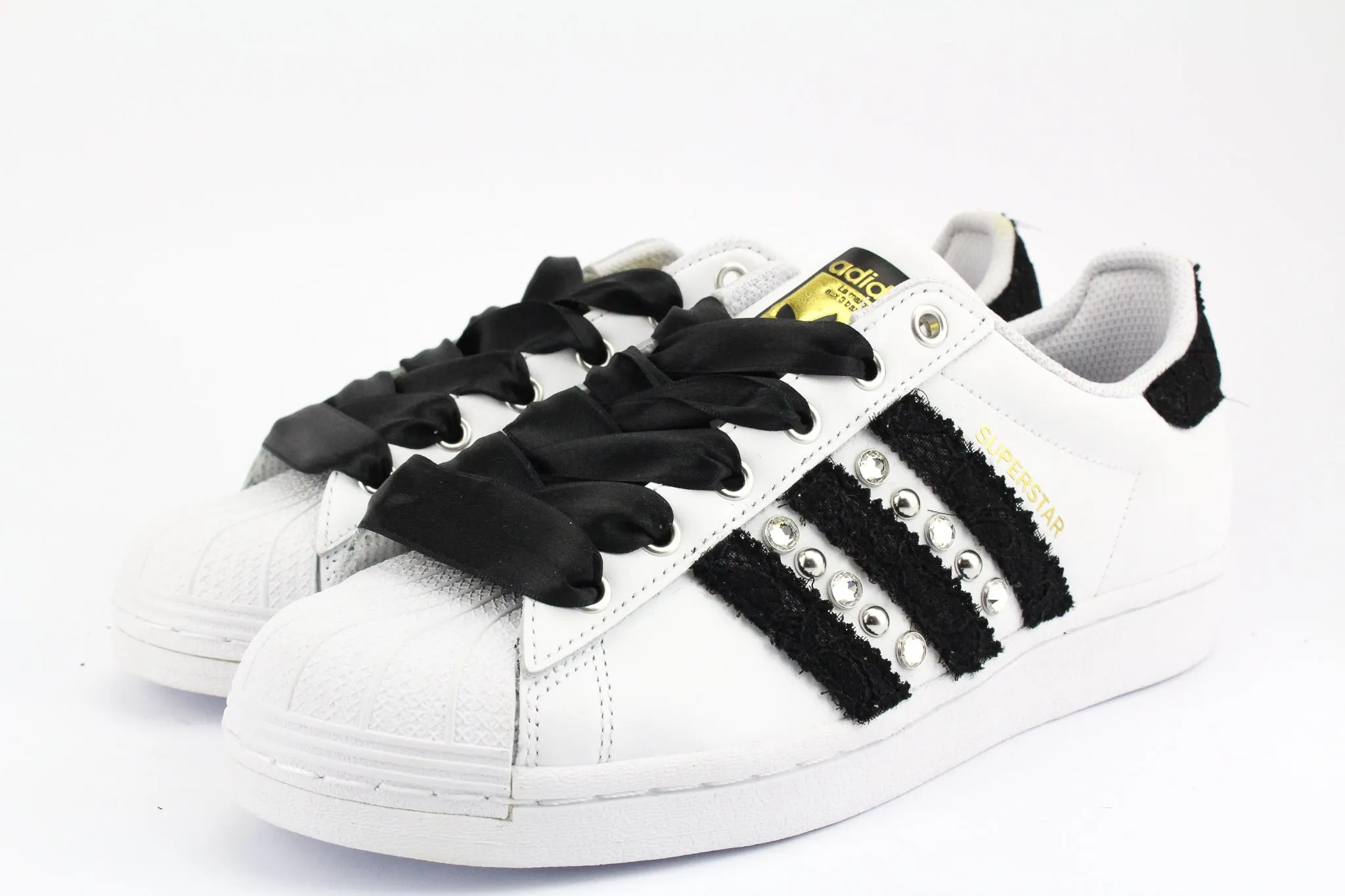 Adidas Superstar Black Pizzo Strass & Lacci Raso Soft Step Heel Support