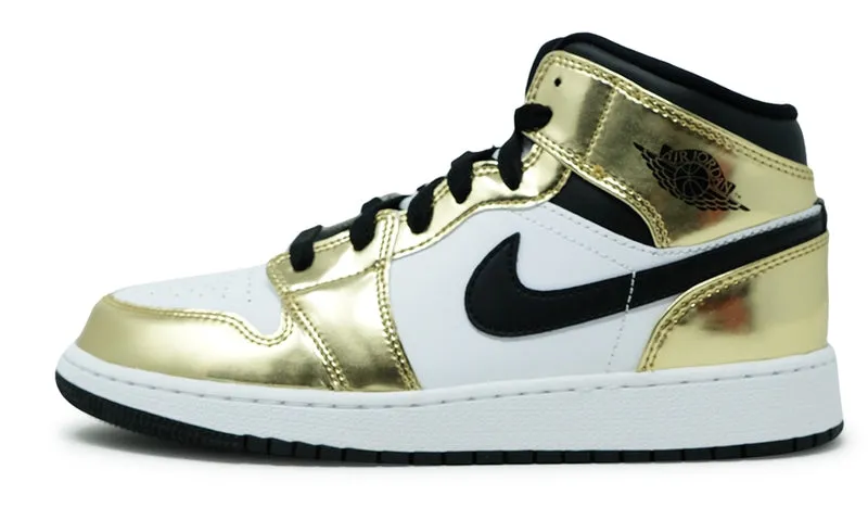 Cushioned Midsole Anti Slip Feature Nike Air Jordan 1 Mid Metallic Gold Black White (GS) DC1420-700