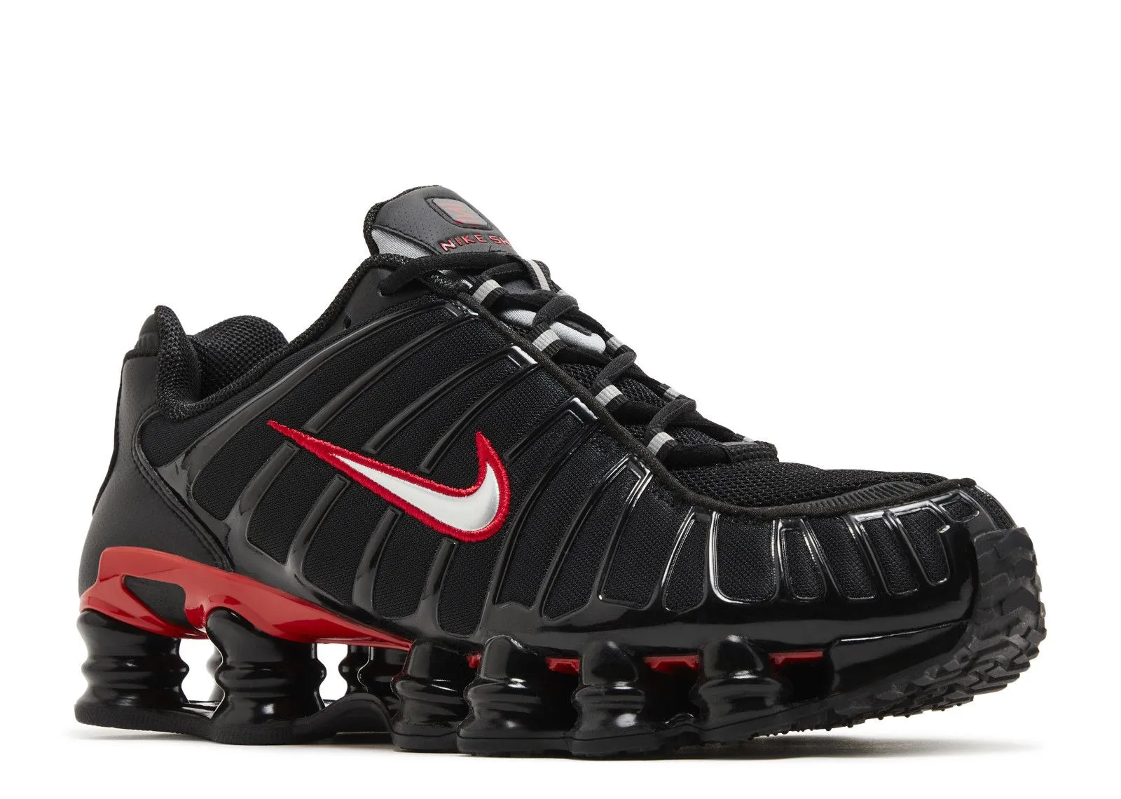 running in a rope bridge area shoes Runners with Flat Feet Nike Shox TL Black University Red